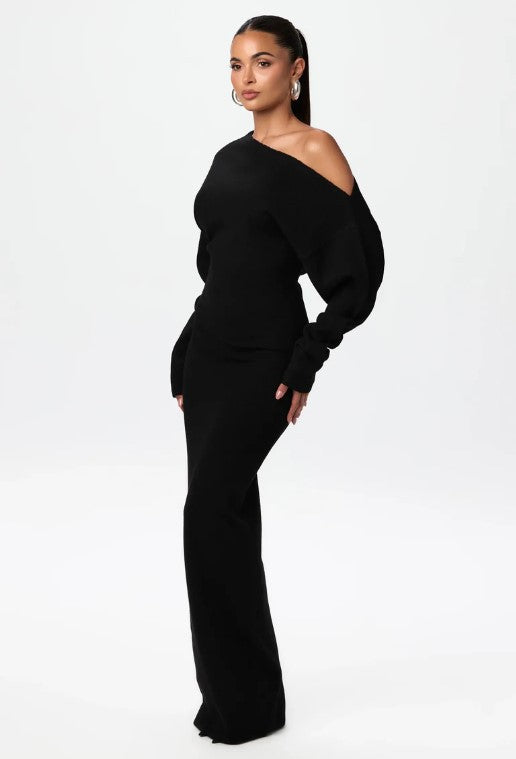 Ins Slim Long Sleeve Knitted Dress Evening Party Sexy Off-shoulder Bodycon Long Dresses