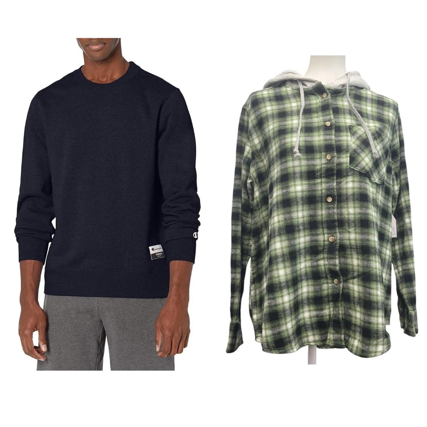 New Champion Unisex Medium Navy Pullover Sweatshirt w Bonus Plaid Flannel Hoodie