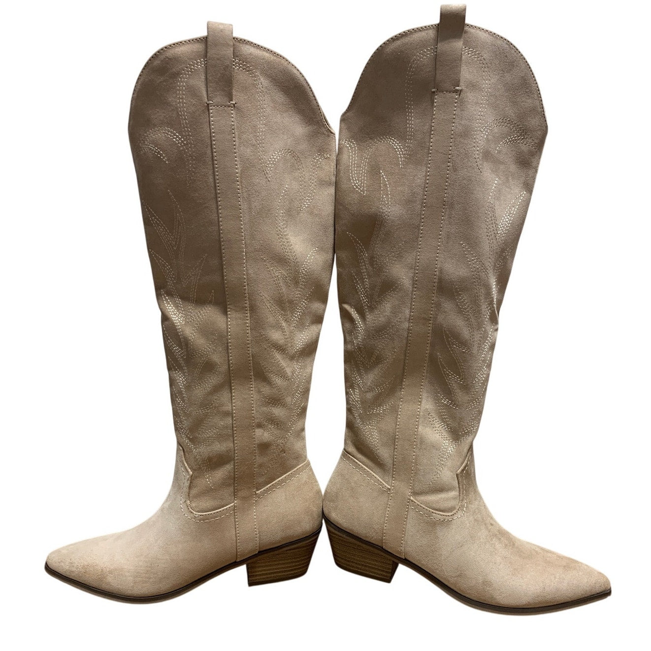 New Women Size 8.5 Tan Faux Suede Embroidered 2" Block Heel Cowboy Cowgirl Boots