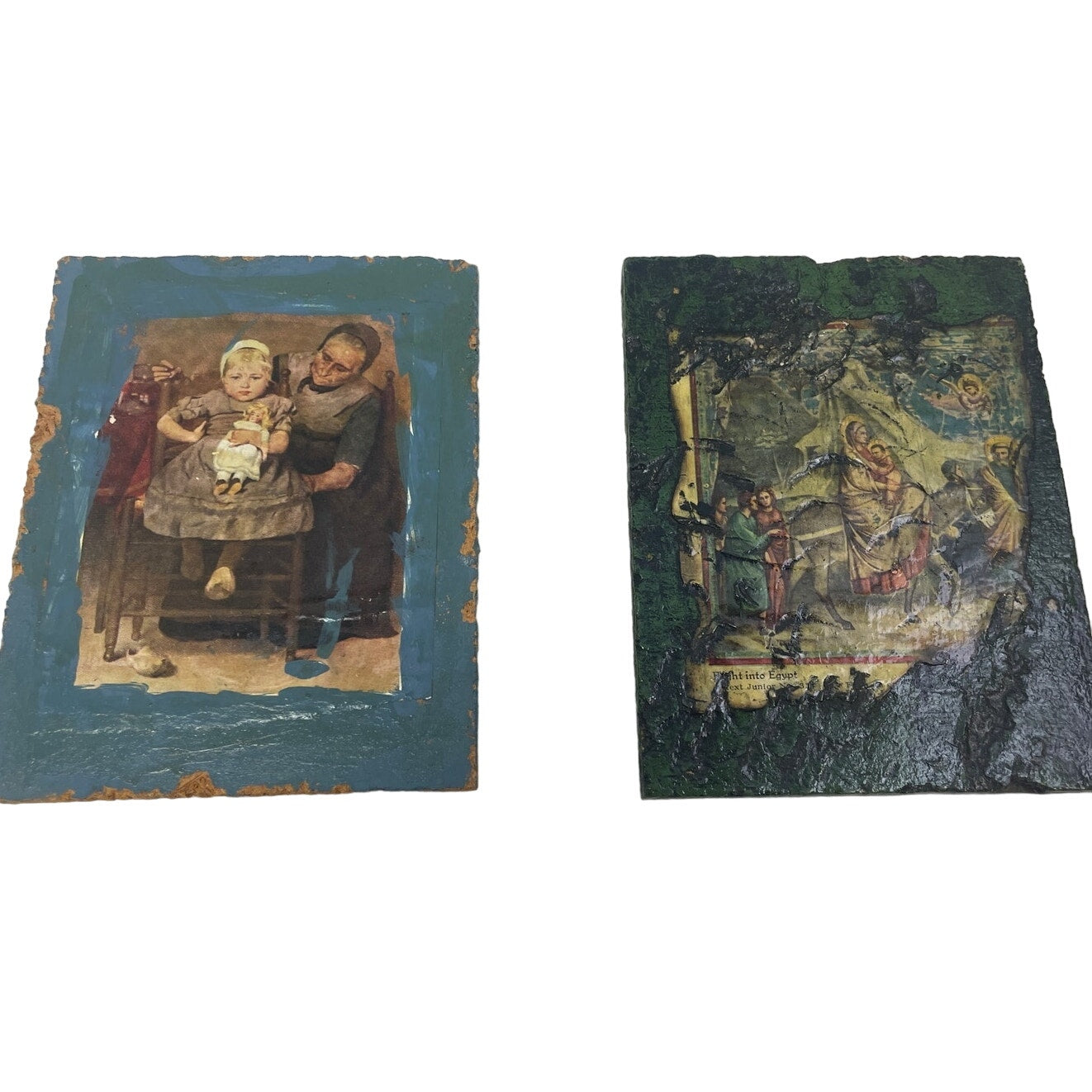Pair of Vintage 1960s Handmade Religious Grandma Girl Decoupage Wood Art