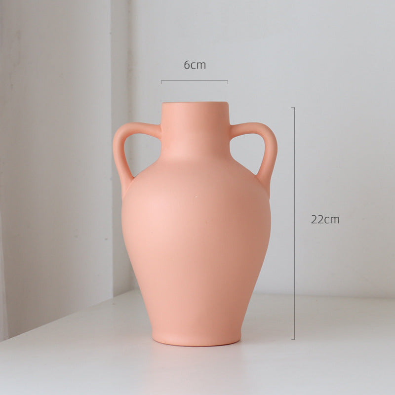 Round Belly Vase Double Ear Ceramic Table Top Decoration