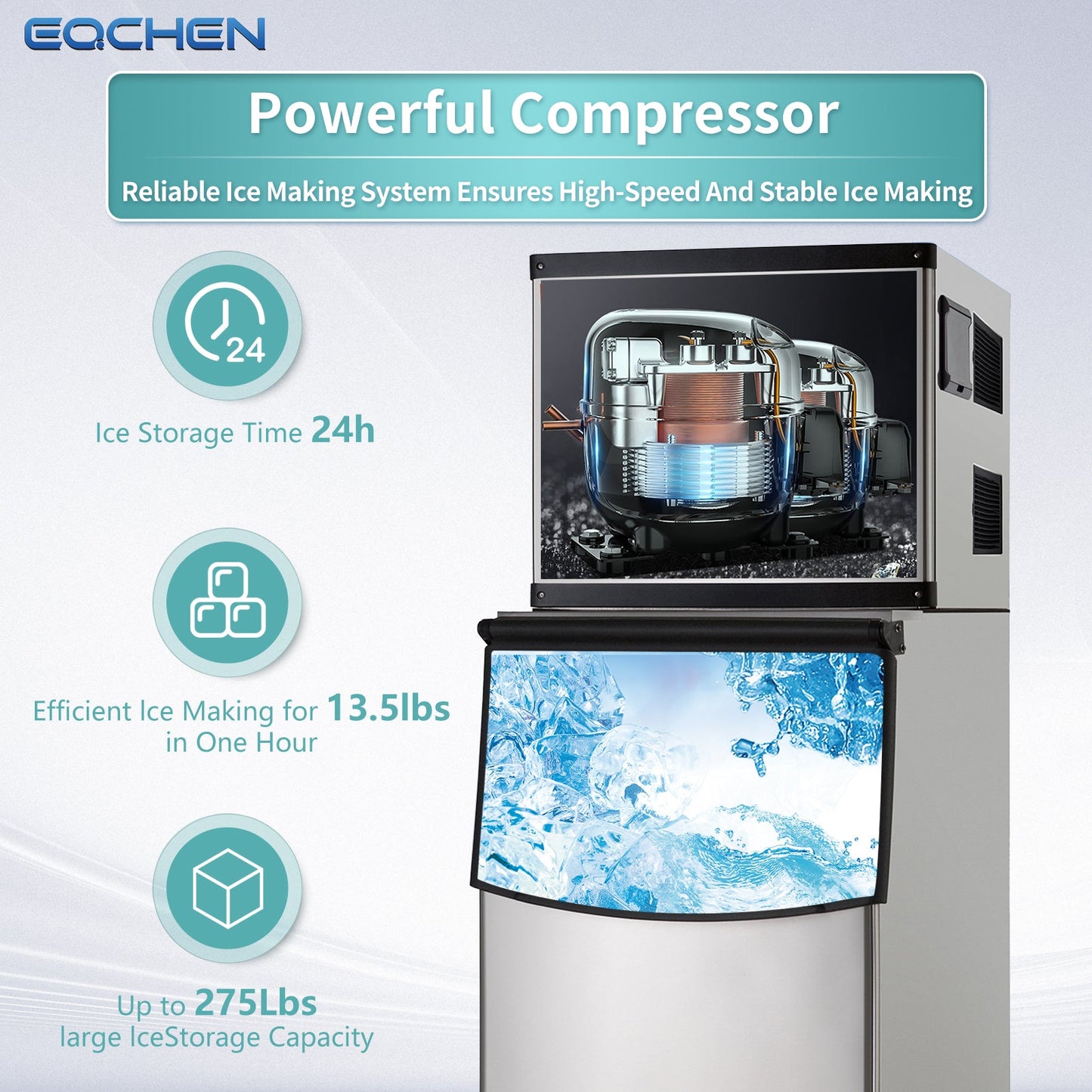 EQCHEN 350 lb Ice Maker Commercial Ice Machine with 230 lb Ice Bin