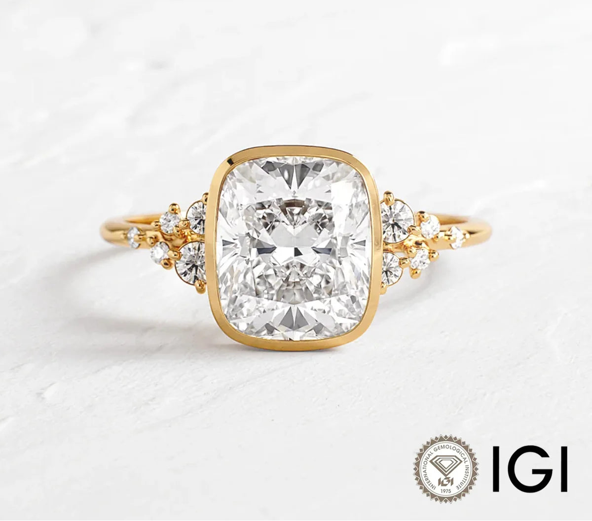 Gold diamond ring with 'Dae Vonca' branding and IGI certification on a light background 1.0–3.0CT Cushion Cut Lab Grown Diamond Ring in 9K/14K/18K Yellow Gold – Vintage Bezel Wedding Ring for Women

Timeless vintage charm meets modern, ethical luxury. This cushion cut lab grown diamond ring is designed for the woman who loves classic elegance with a distinctive, heirloom-inspired twist. Framed in a smooth bezel setting of rich yellow gold, the diamond appears luminous and secure, making it perfect for every