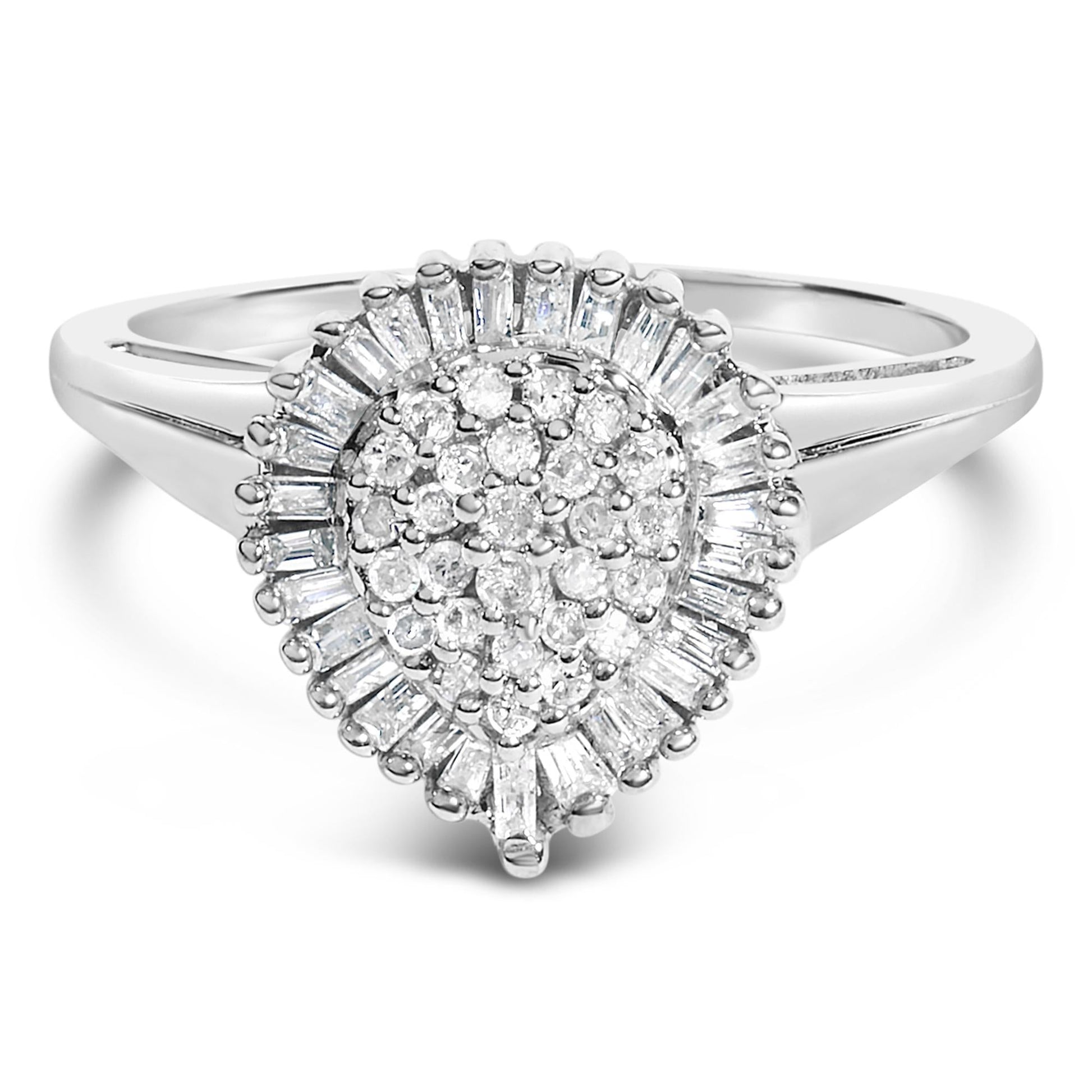 10K White Gold 1/2 Cttw Round & Baguette Cut Diamond Pear Shaped Domed Pavé Cluster with Halo Cocktail Ring (H-I Color, SI1-SI2 Clarity)-0