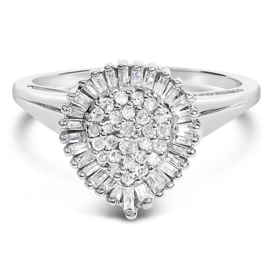 10K White Gold 1/2 Cttw Round & Baguette Cut Diamond Pear Shaped Domed Pavé Cluster with Halo Cocktail Ring (H-I Color, SI1-SI2 Clarity)-0