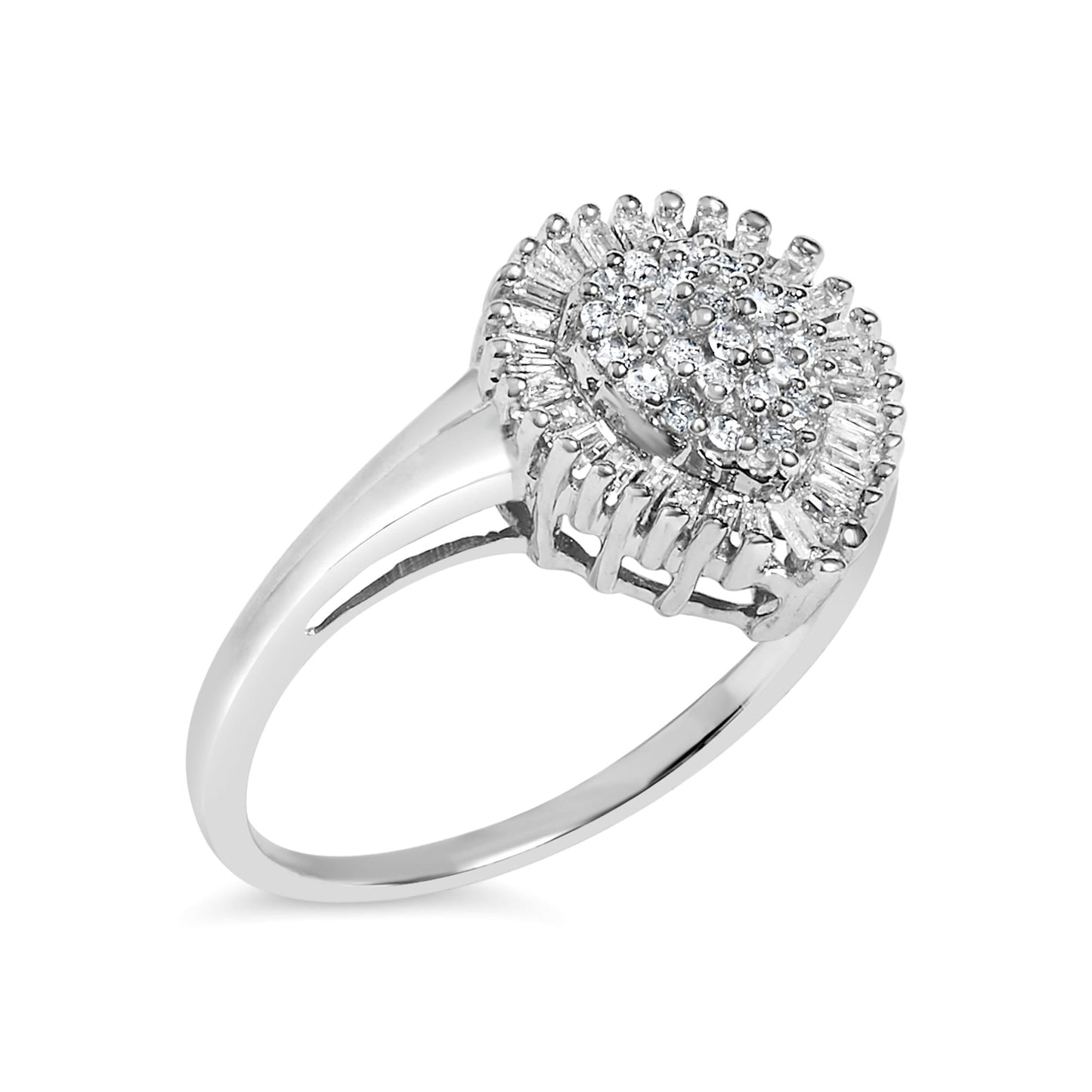 10K White Gold 1/2 Cttw Round & Baguette Cut Diamond Pear Shaped Domed Pavé Cluster with Halo Cocktail Ring (H-I Color, SI1-SI2 Clarity)-3