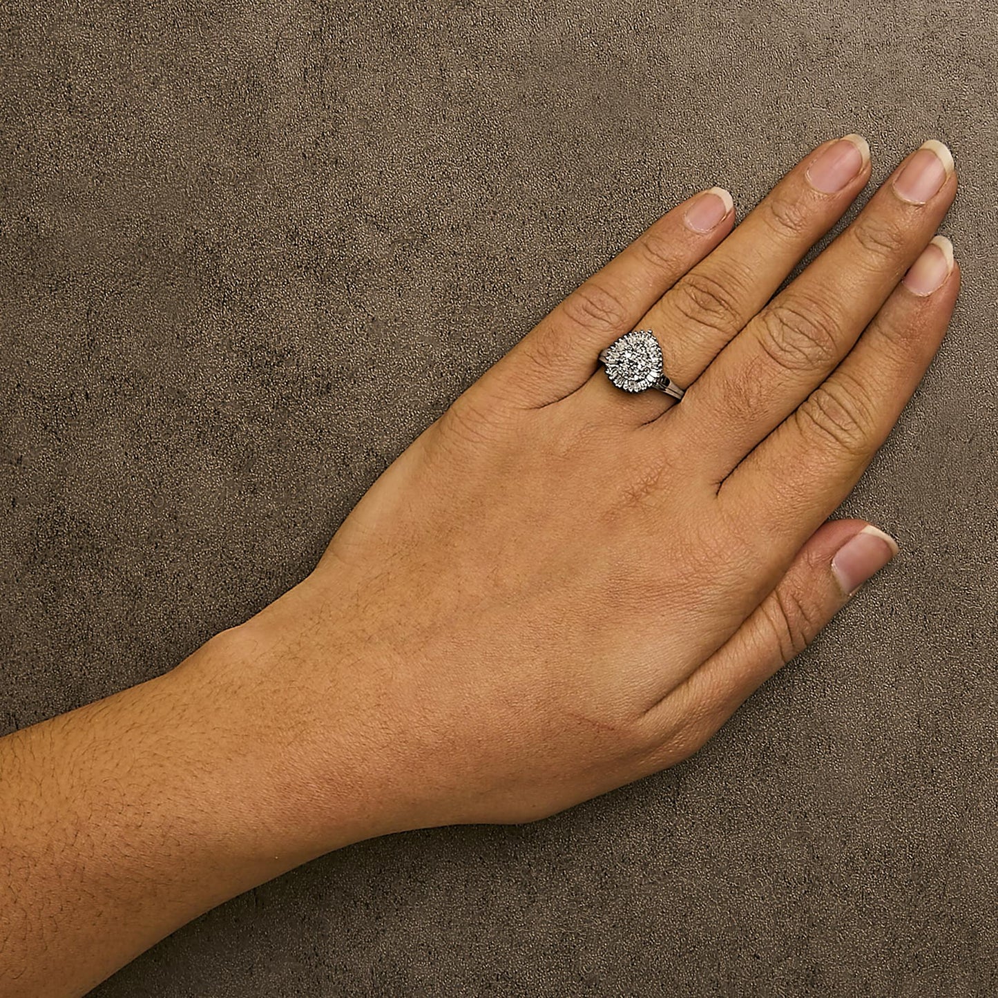 10K White Gold 1/2 Cttw Round & Baguette Cut Diamond Pear Shaped Domed Pavé Cluster with Halo Cocktail Ring (H-I Color, SI1-SI2 Clarity)-2