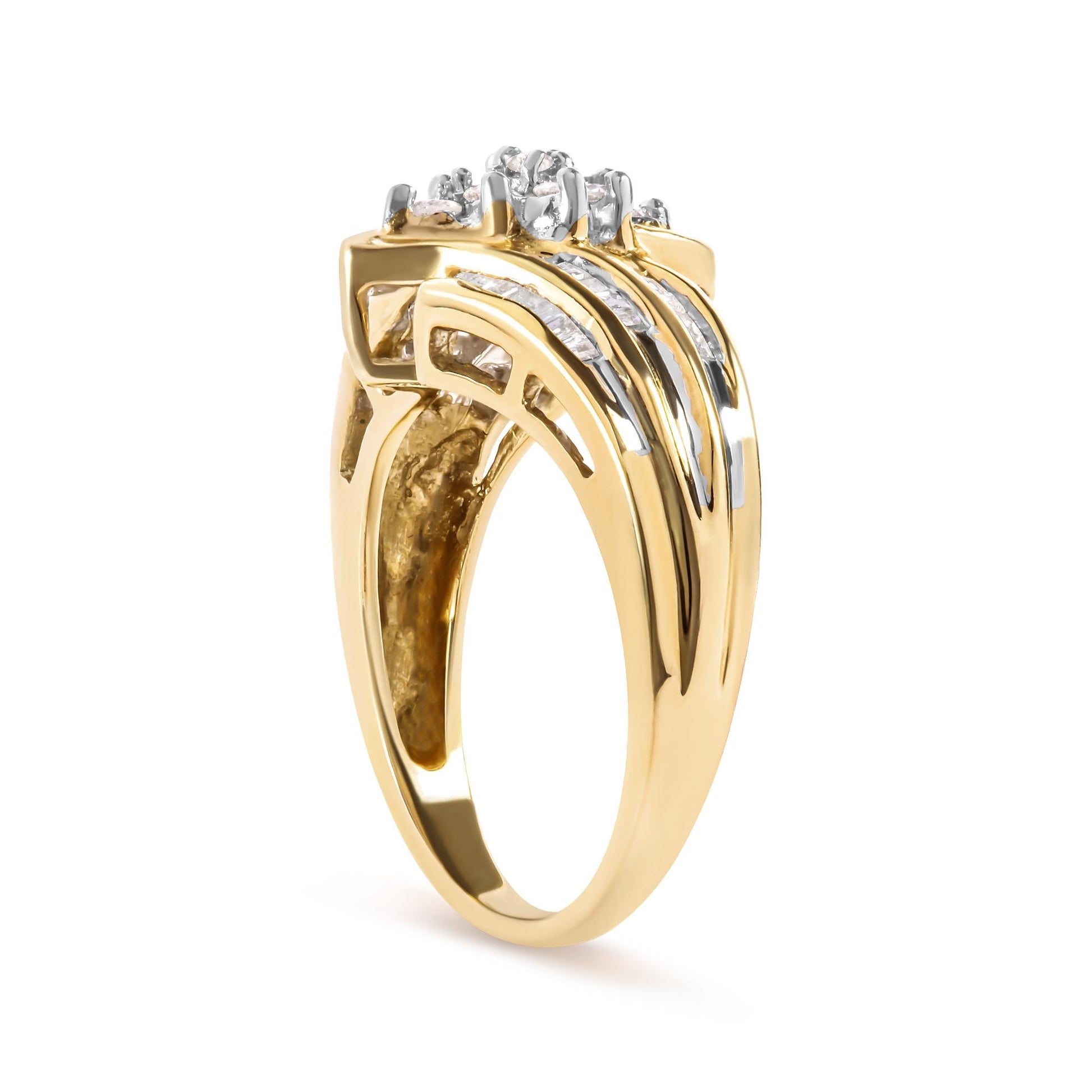10K Yellow Gold 1/2 Cttw Round And Baguette-cut Diamond Cluster Head and Channel Set Shank Ring (H-I Color, I1-I2 Clarity)-3