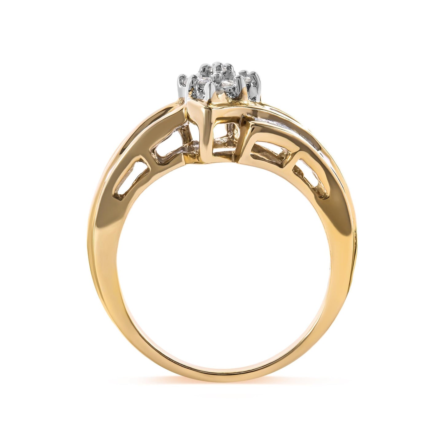 10K Yellow Gold 1/2 Cttw Round And Baguette-cut Diamond Cluster Head and Channel Set Shank Ring (H-I Color, I1-I2 Clarity)-4