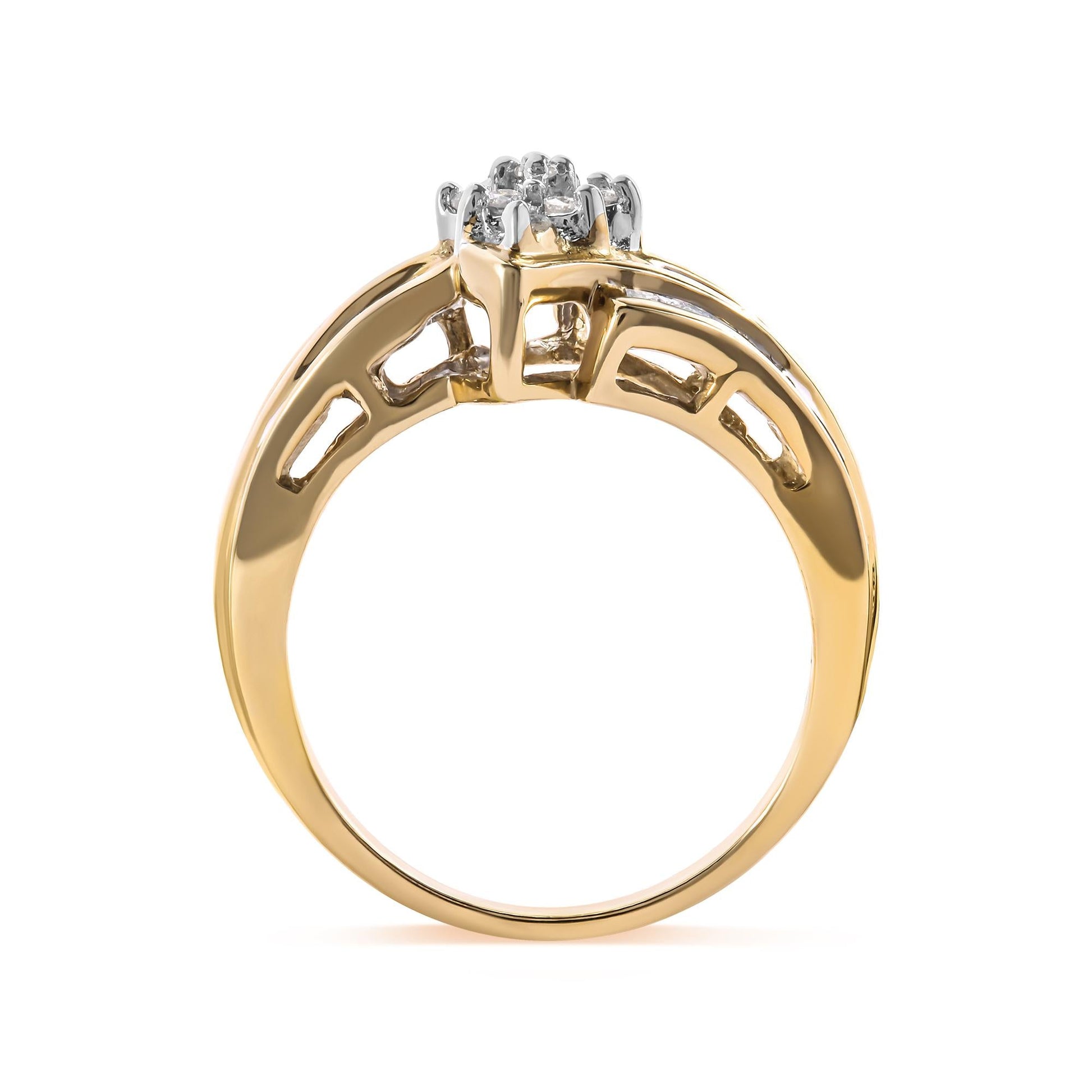 10K Yellow Gold 1/2 Cttw Round And Baguette-cut Diamond Cluster Head and Channel Set Shank Ring (H-I Color, I1-I2 Clarity)-4