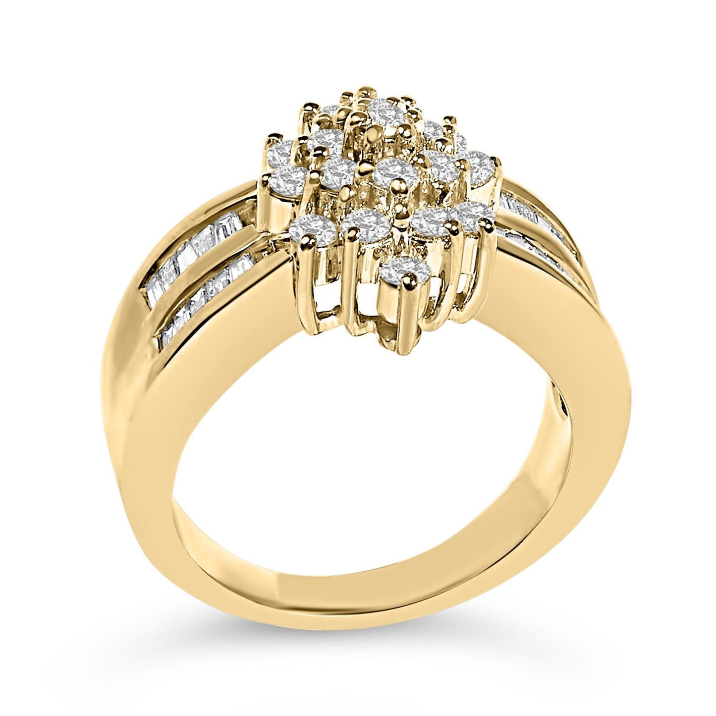 10K Yellow Gold 1.0 Cttw Round & Baguette Cut Diamond Floral Cluster Double-Channel Flared Band Statement Ring (H-I Color, SI2-I1 Clarity)-3