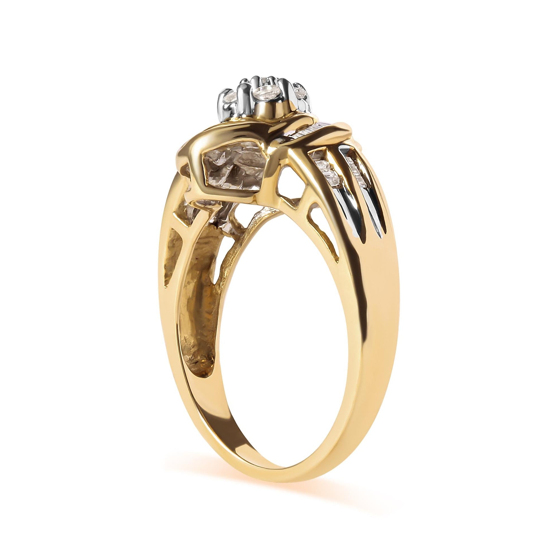 10K Yellow Gold 1/2 Cttw Round and Baguette Diamond Flower Swirl Cocktail Ring (I-J Color, SI2-I1 Clarity)-3
