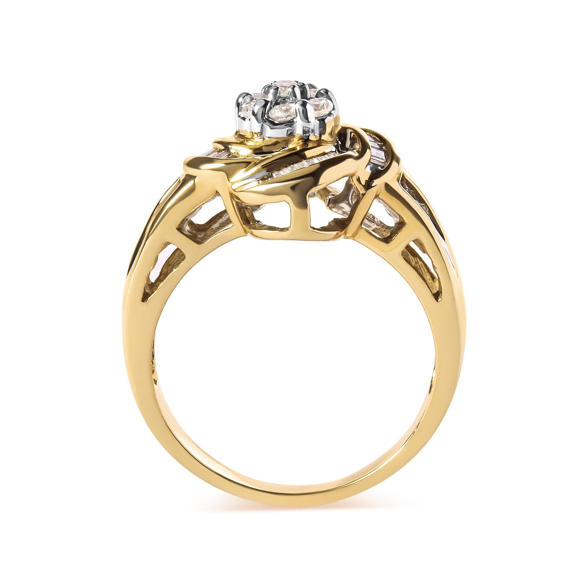 10K Yellow Gold 1/2 Cttw Round and Baguette Diamond Flower Swirl Cocktail Ring (I-J Color, SI2-I1 Clarity)-4