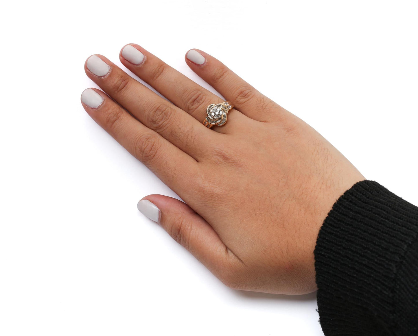 10K Yellow Gold 1/2 Cttw Round and Baguette Diamond Flower Swirl Cocktail Ring (I-J Color, SI2-I1 Clarity)-2
