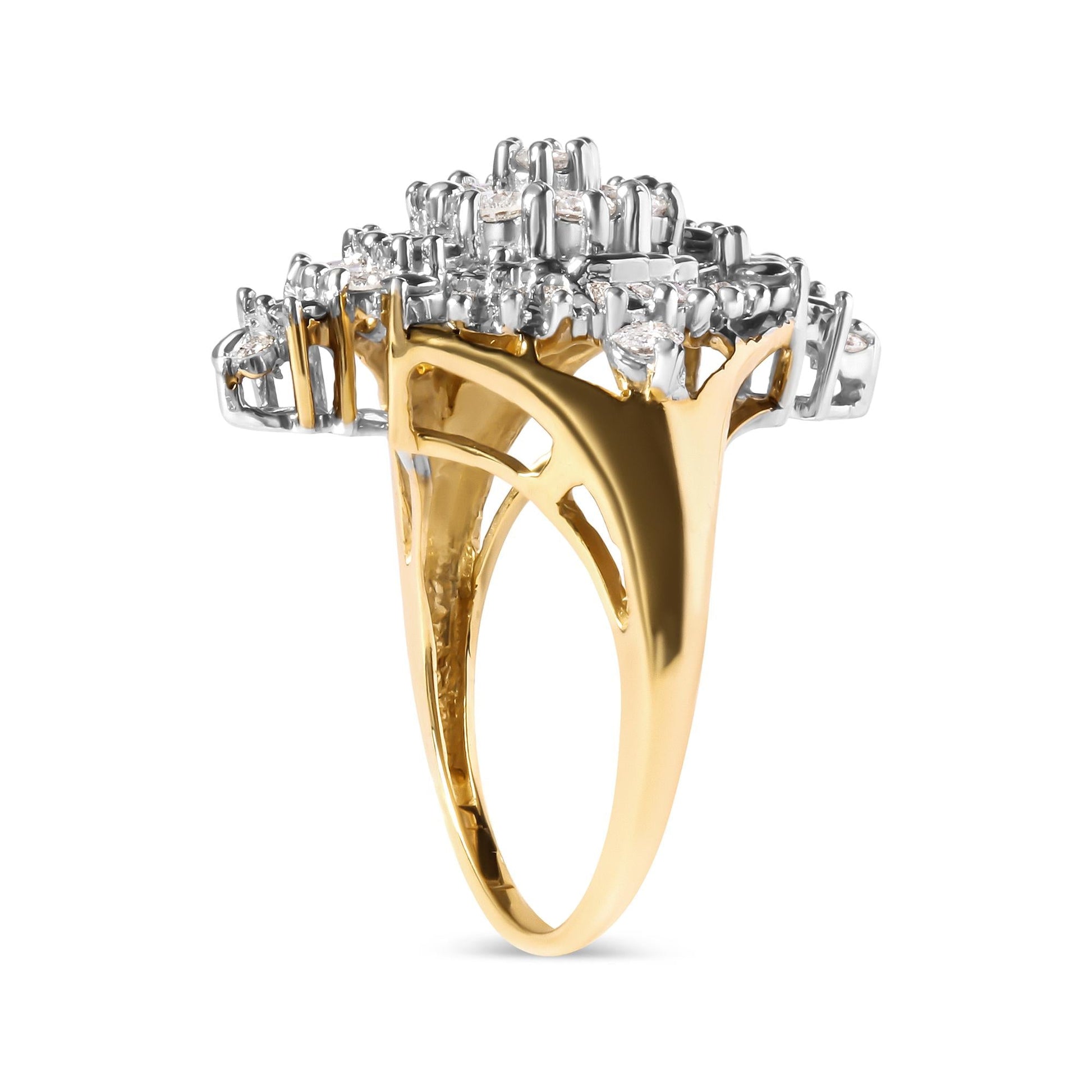 10K Yellow Gold 1 Cttw Round and Baguette cut Diamond Cluster and Rhombus Halo Ring (H-I Color, I1-I2 Clarity)-3