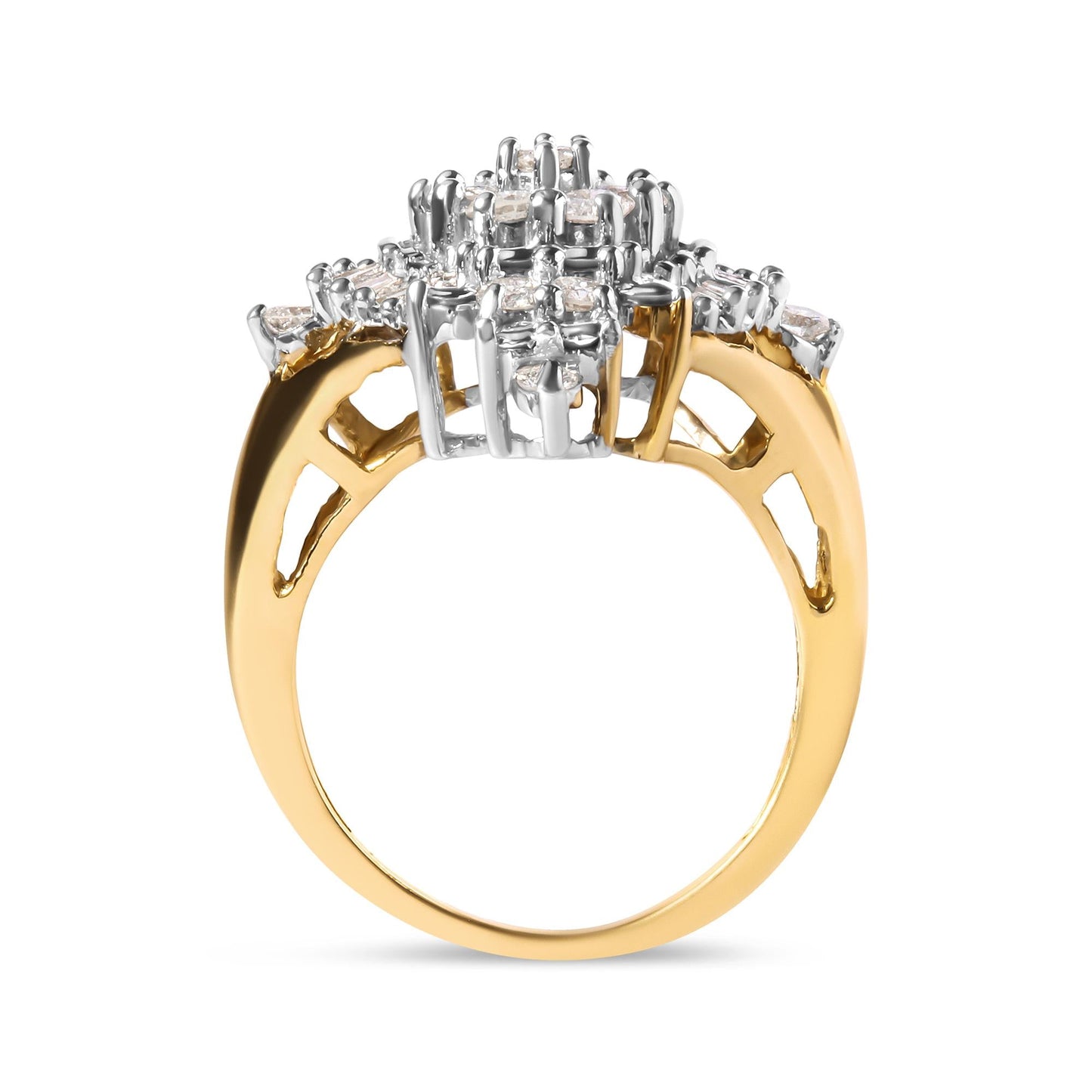 10K Yellow Gold 1 Cttw Round and Baguette cut Diamond Cluster and Rhombus Halo Ring (H-I Color, I1-I2 Clarity)-4