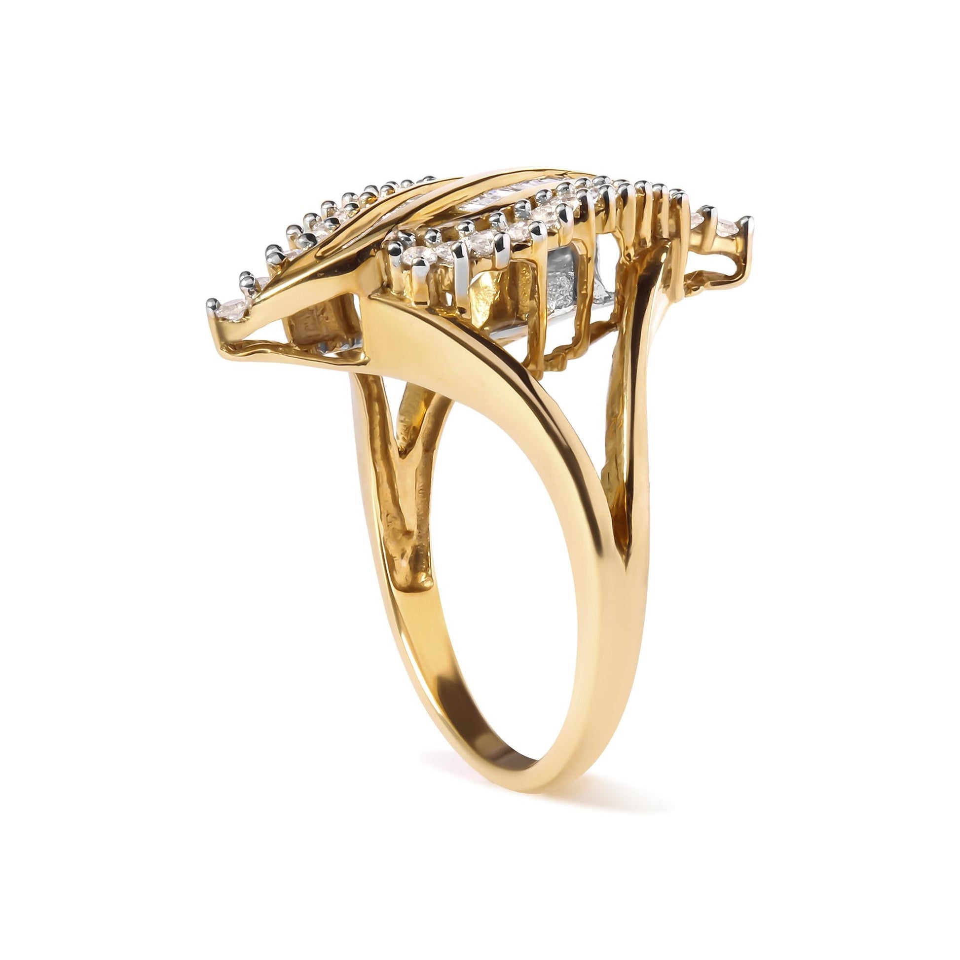 10K Yellow Gold 1/2 Cttw Round and Baguette Cut Diamond Cocktail Ring (H-I Color, I1-I2 Clarity)-3