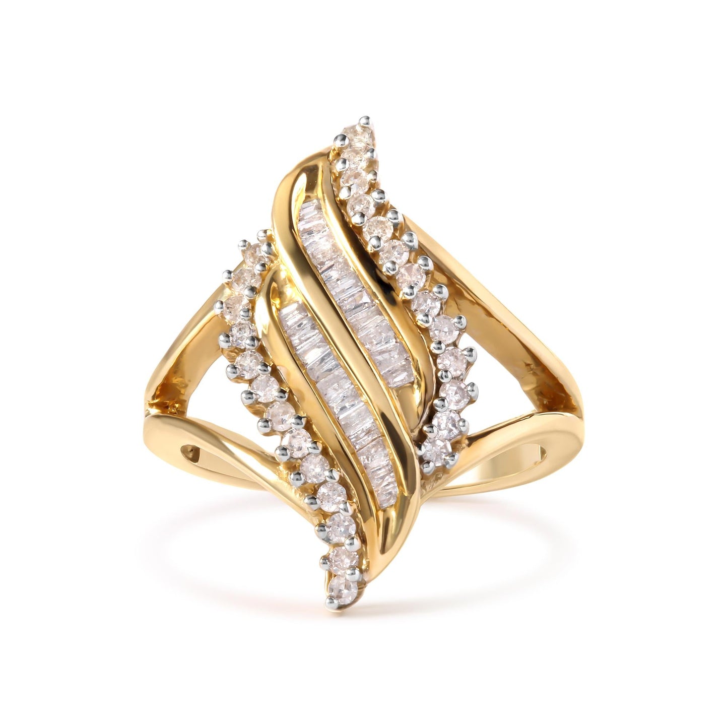 10K Yellow Gold 1/2 Cttw Round and Baguette Cut Diamond Cocktail Ring (H-I Color, I1-I2 Clarity)-4