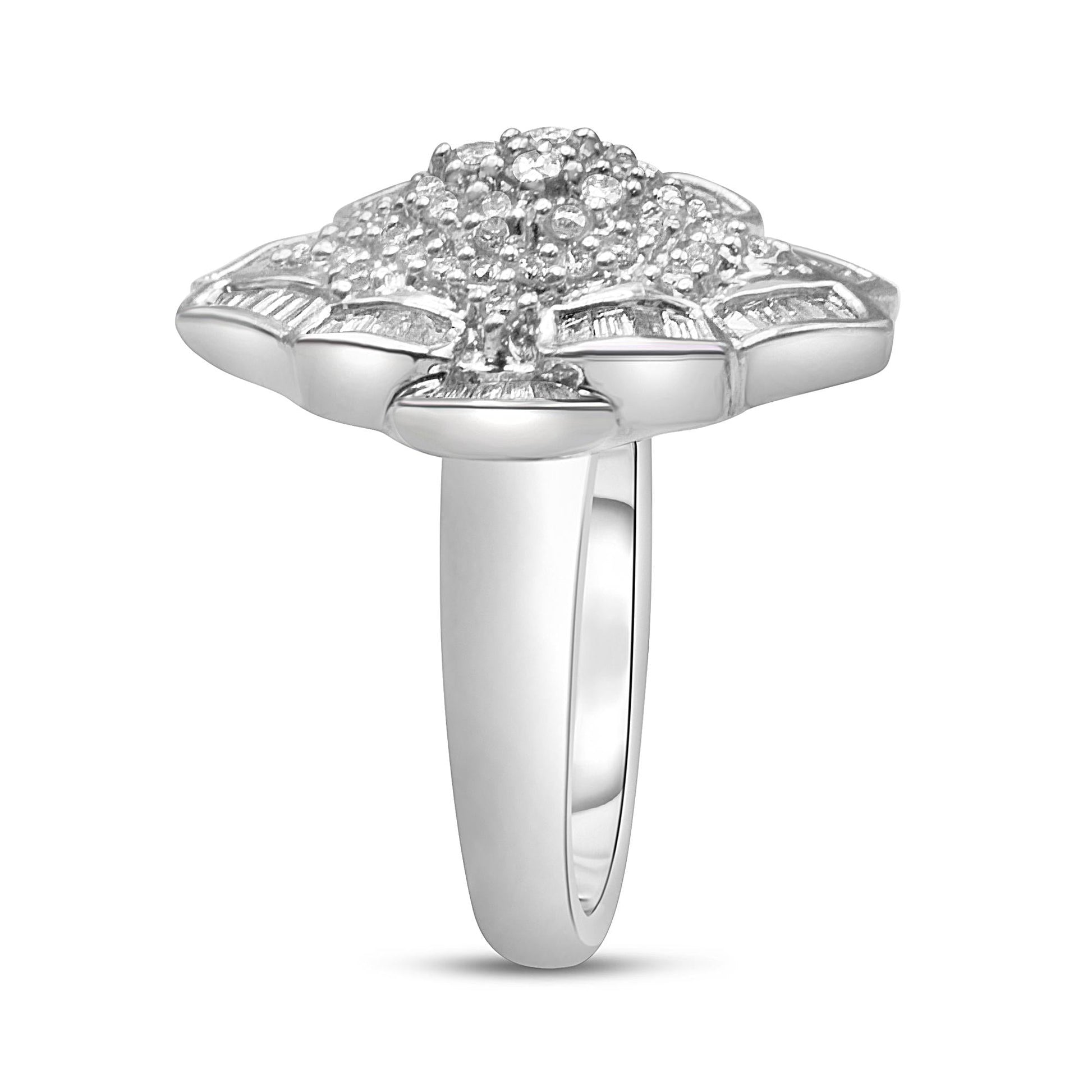 14K White Gold 7/8 Cttw Round and Baguette-Cut Diamond Cluster Ring (H-I Color, SI2-I1 Clarity)-3