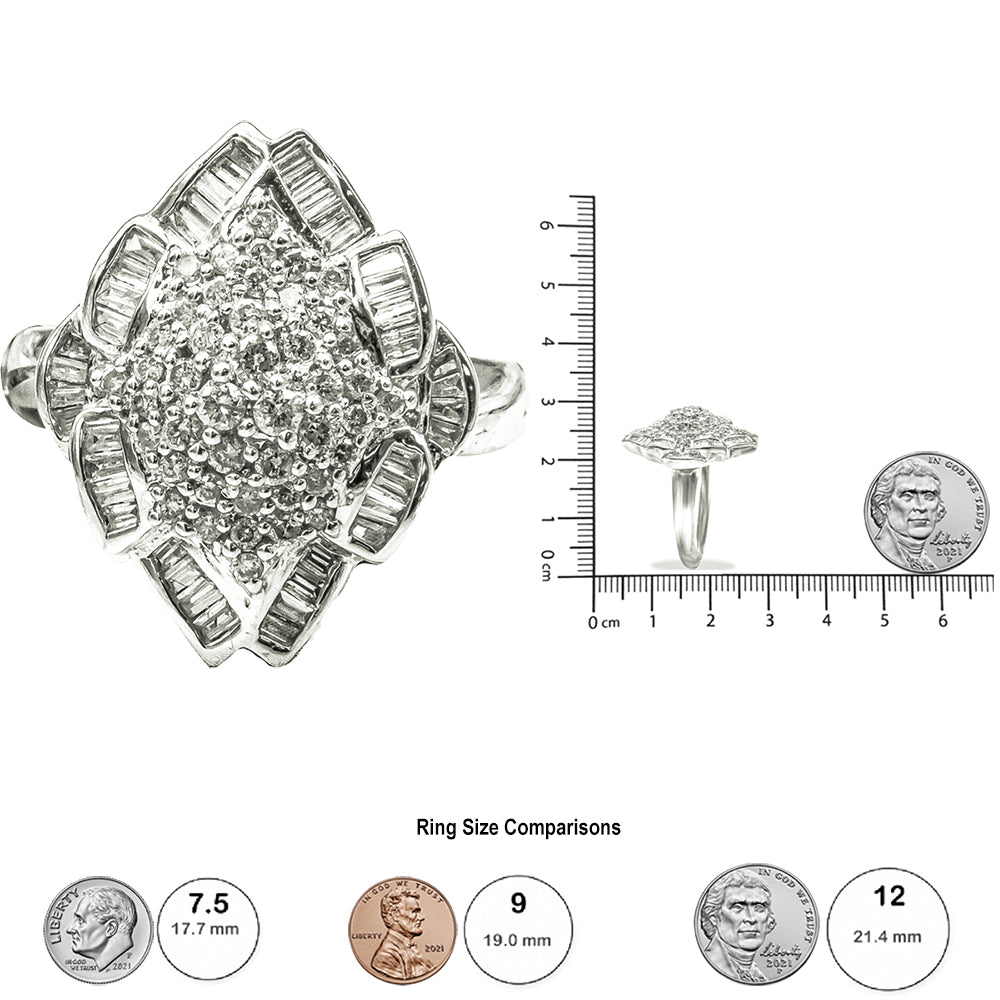 14K White Gold 7/8 Cttw Round and Baguette-Cut Diamond Cluster Ring (H-I Color, SI2-I1 Clarity)-4