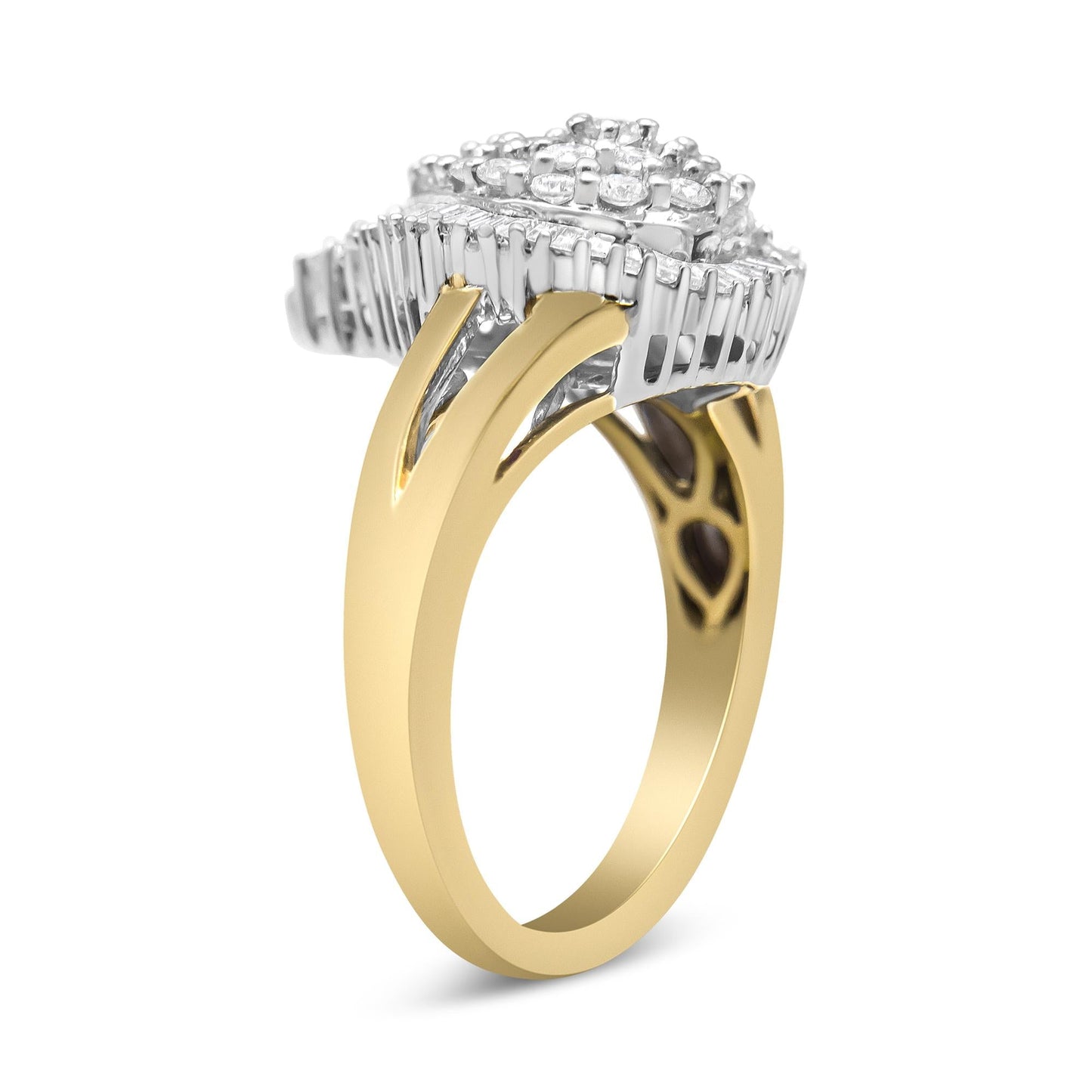 14K Yellow and White Gold 1.00 Cttw Round and Baguette-Cut Diamond Ballerina Cocktail Ring (H-I Color, SI2-I1 Clarity)-3