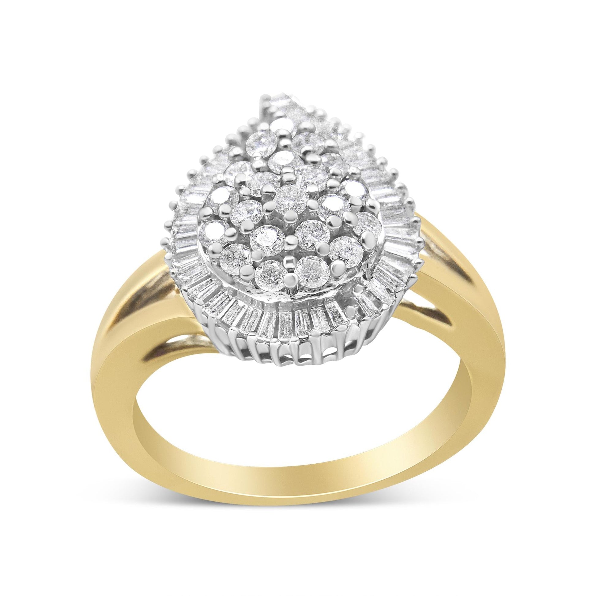 14K Yellow and White Gold 1.00 Cttw Round and Baguette-Cut Diamond Ballerina Cocktail Ring (H-I Color, SI2-I1 Clarity)-4