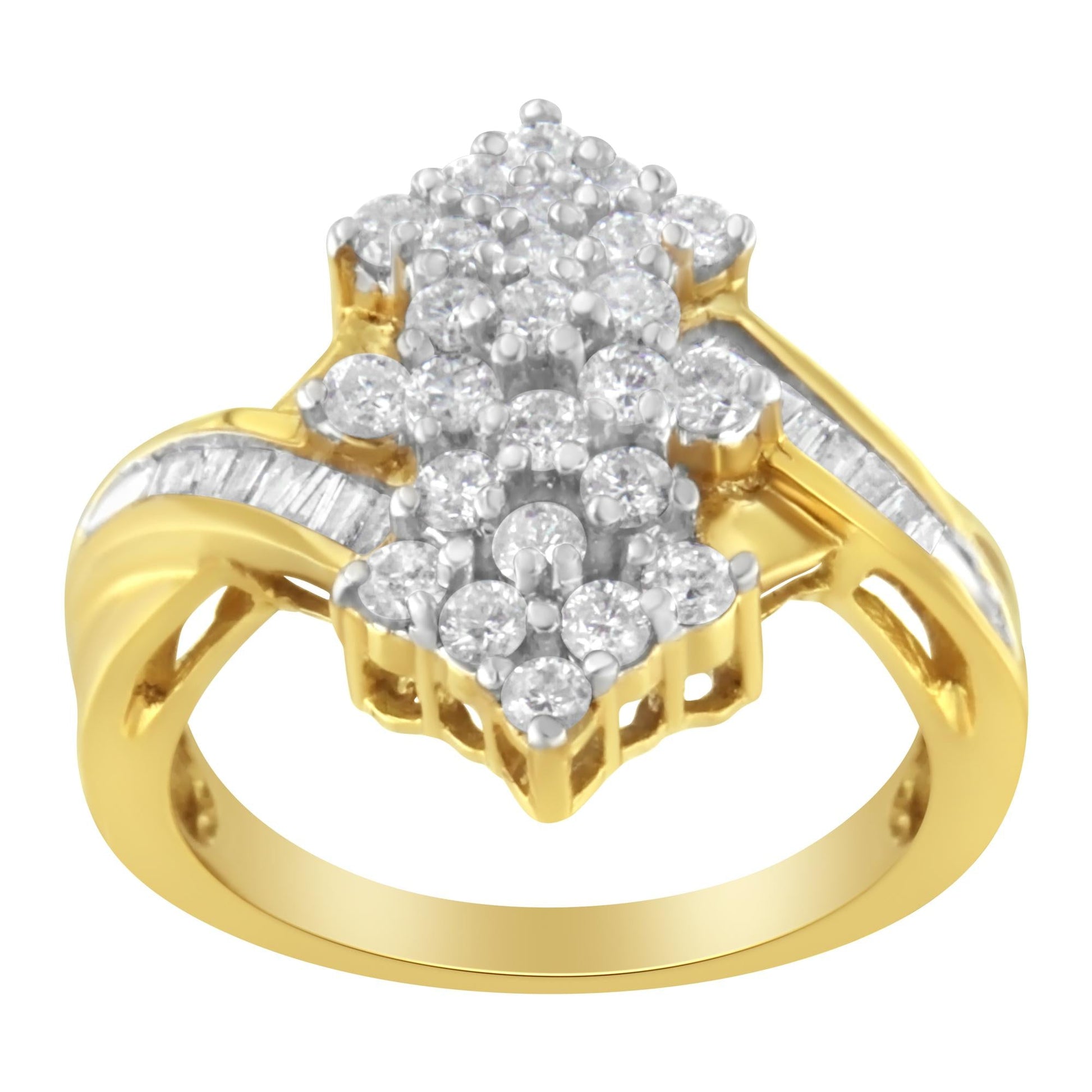 10K Yellow Gold Round And Baguette Cut Diamond Cluster Ring (1 1/10 Cttw, H-I Color, SI2-I1 Clarity)-3
