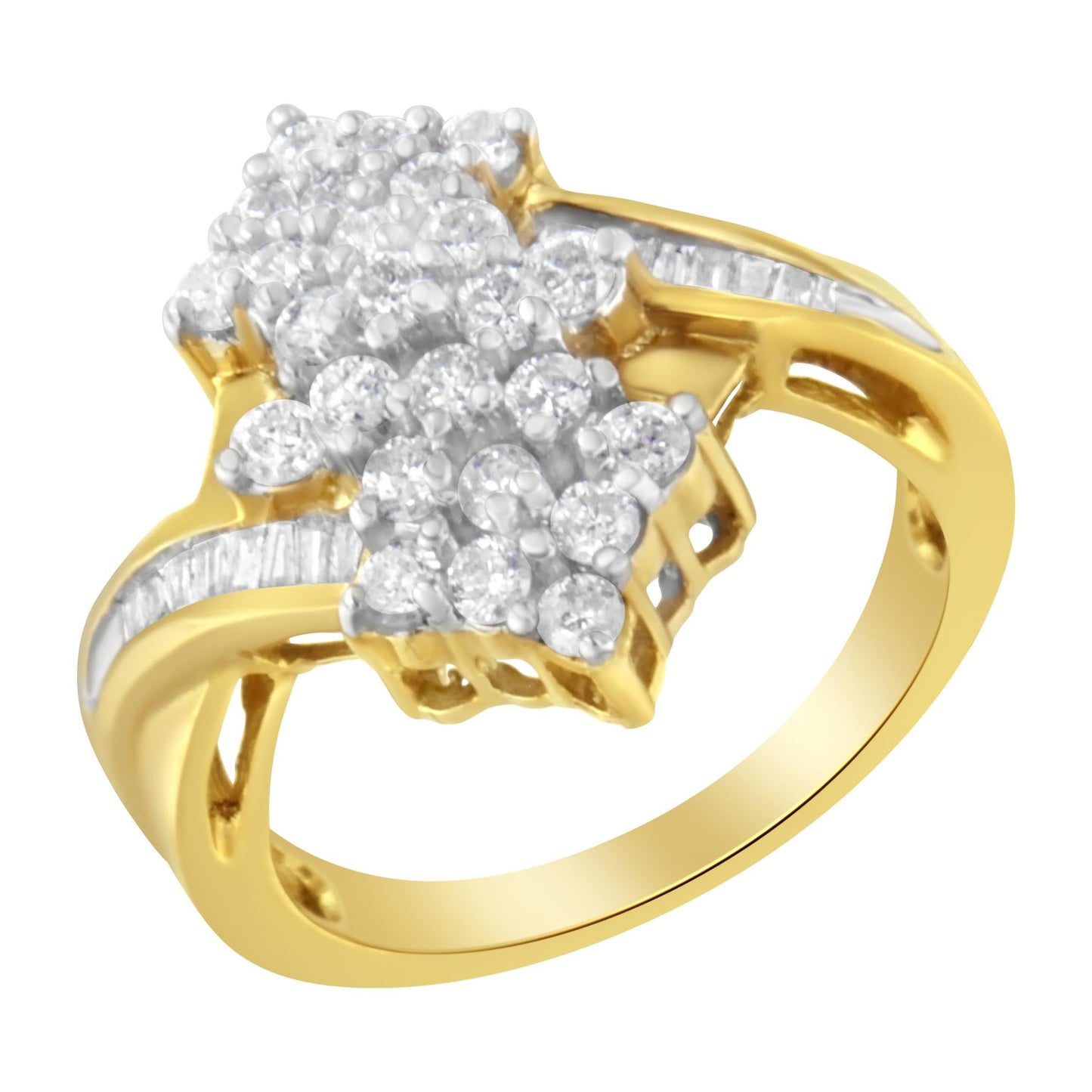 10K Yellow Gold Round And Baguette Cut Diamond Cluster Ring (1 1/10 Cttw, H-I Color, SI2-I1 Clarity)-4