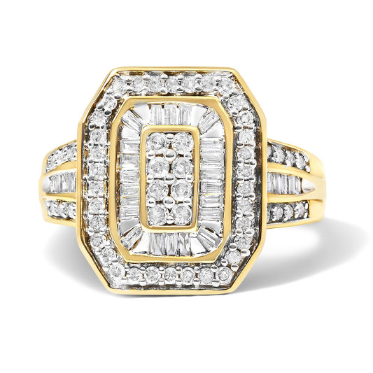 10K Yellow Gold 1.0 Cttw Diamond Vintage Inspired Baguette-Cut Double Halo Emerald-Shaped Frame Cocktail Ring (I-J Color, I1-I2 Clarity)-0