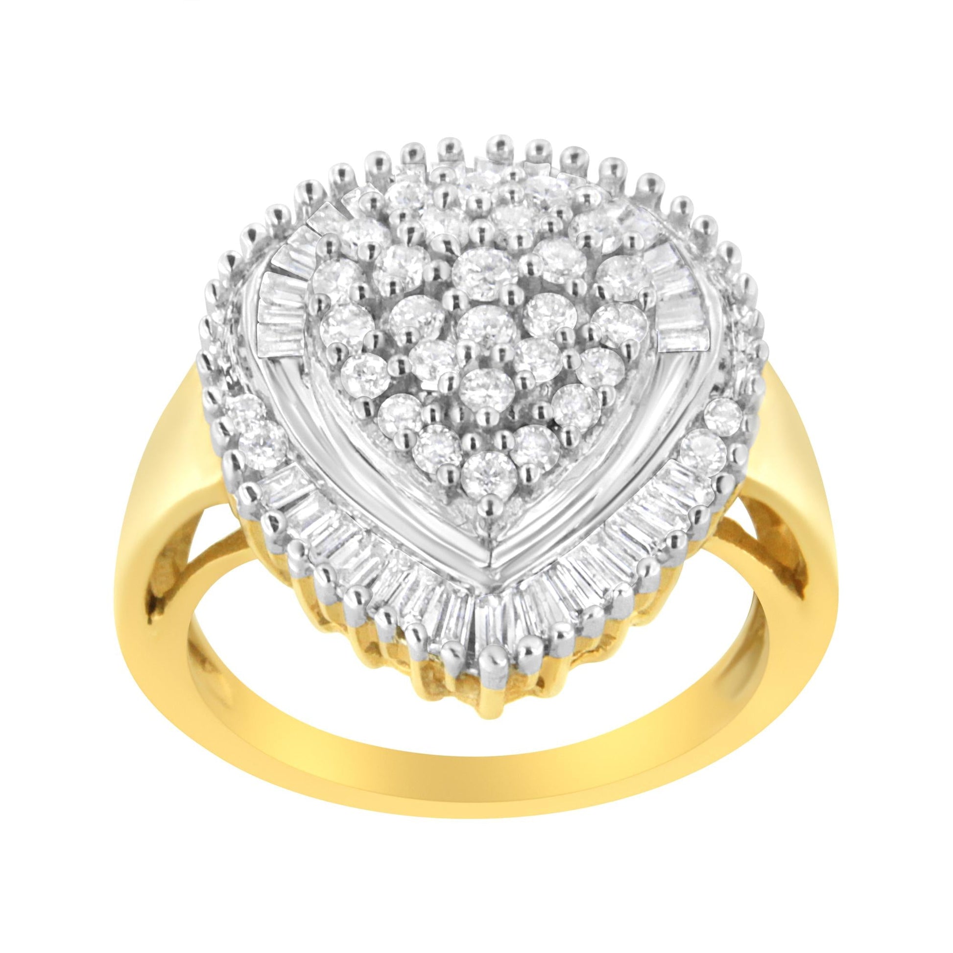 10K Yellow Gold 1.0 Cttw Round and Baguette Cut Diamond Oval Shaped Cluster Ring (I-J Color, I1-I2 Clarity)-3