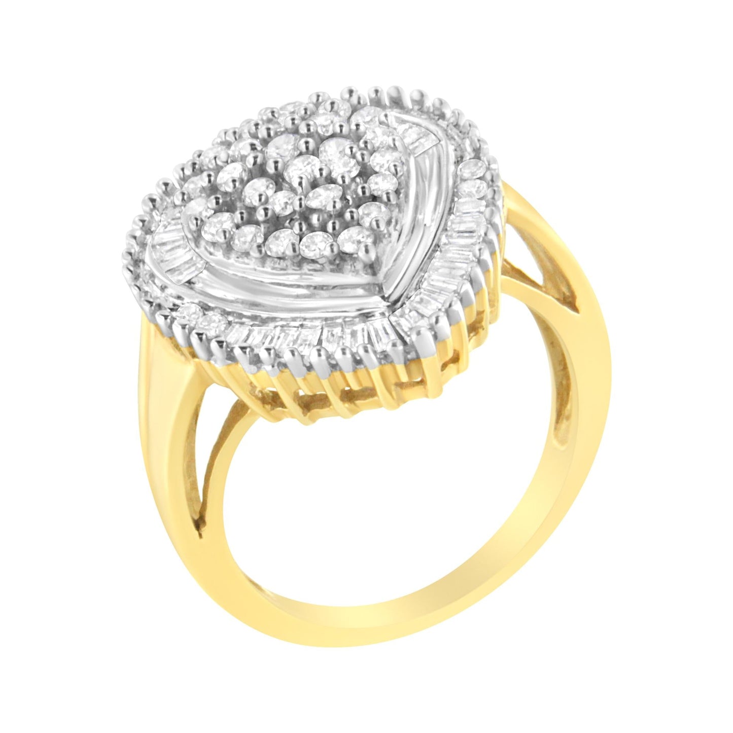 10K Yellow Gold 1.0 Cttw Round and Baguette Cut Diamond Oval Shaped Cluster Ring (I-J Color, I1-I2 Clarity)-4
