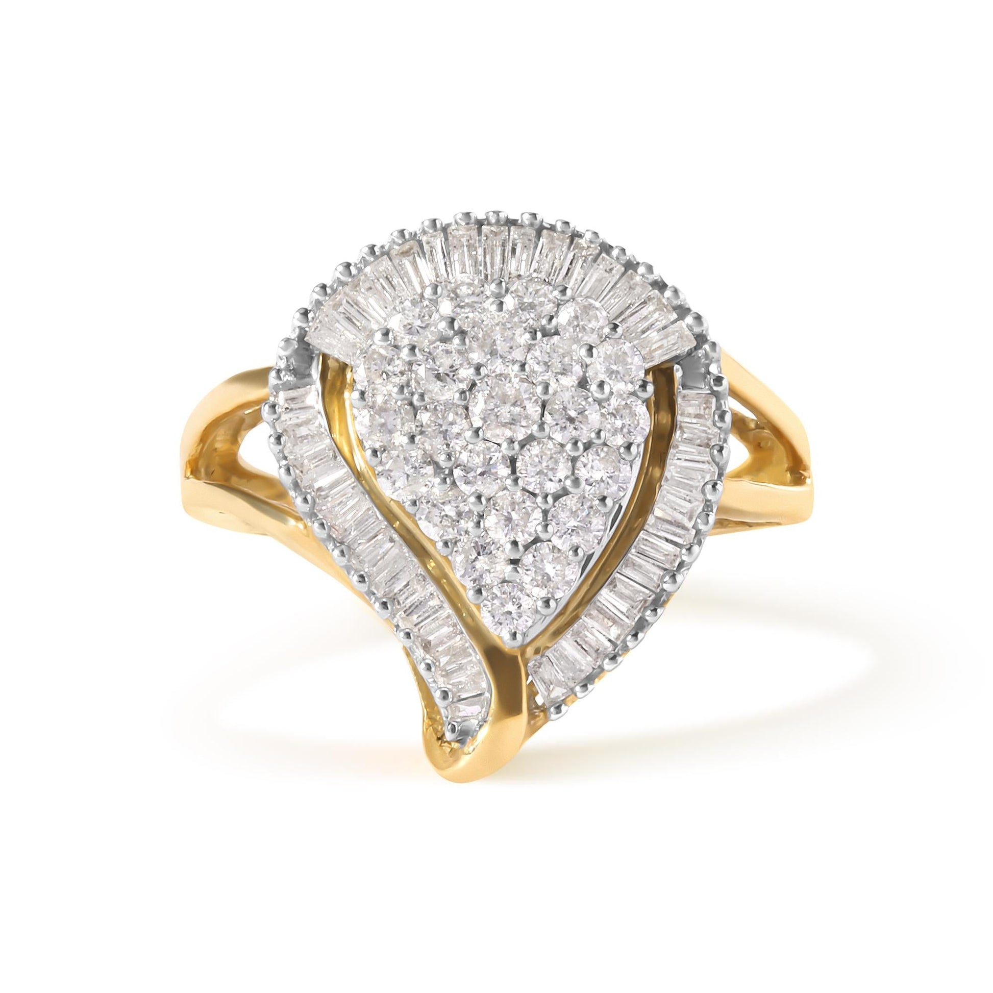 10K Yellow Gold 1 Cttw Round and Baguette Cut Diamond Ballerina Cluster Ring (H-I Color, SI2-I1 Clarity)-4