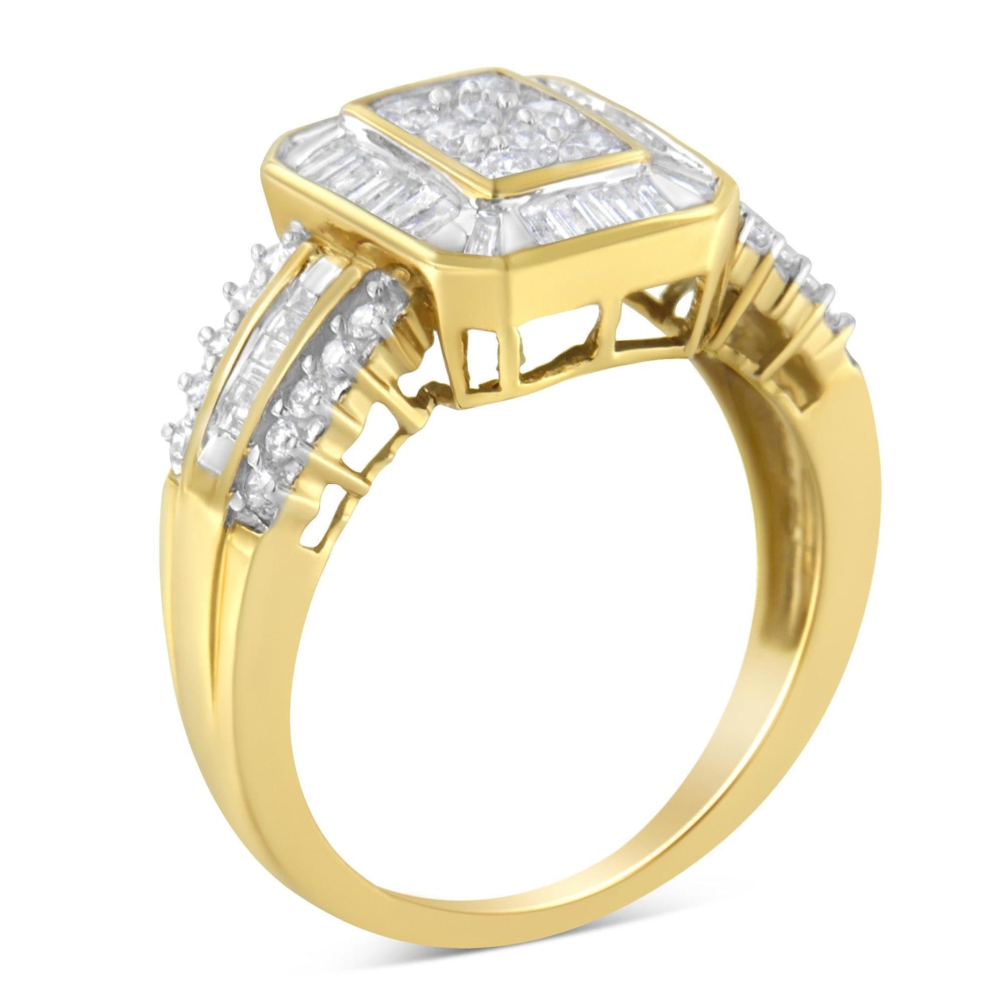 10K Yellow Gold Round and Baguette-Cut Diamond Cocktail Ring (1.0 Cttw, H-I Color, SI2-I1 Clarity)-4