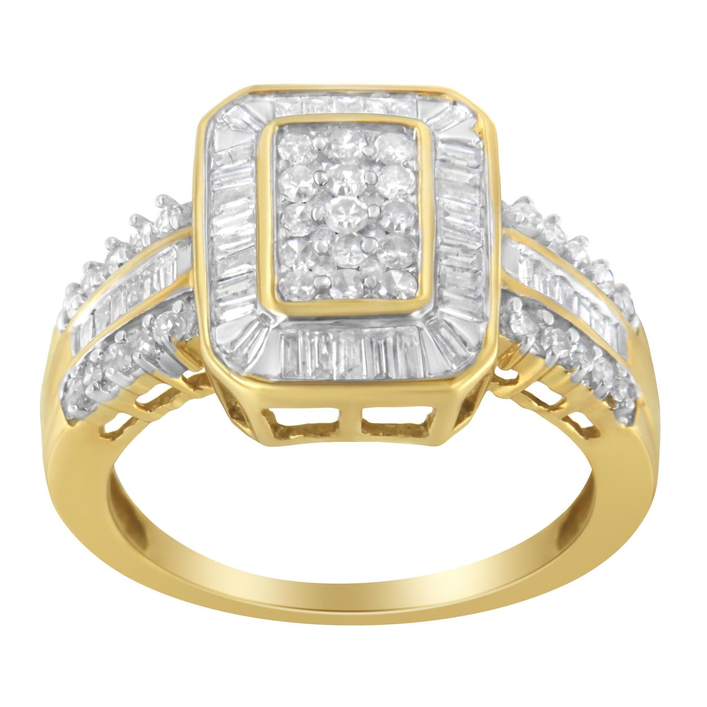 10K Yellow Gold Round and Baguette-Cut Diamond Cluster Ring (1.0 Cttw, I-J Color, SI1-SI2 Clarity)-3