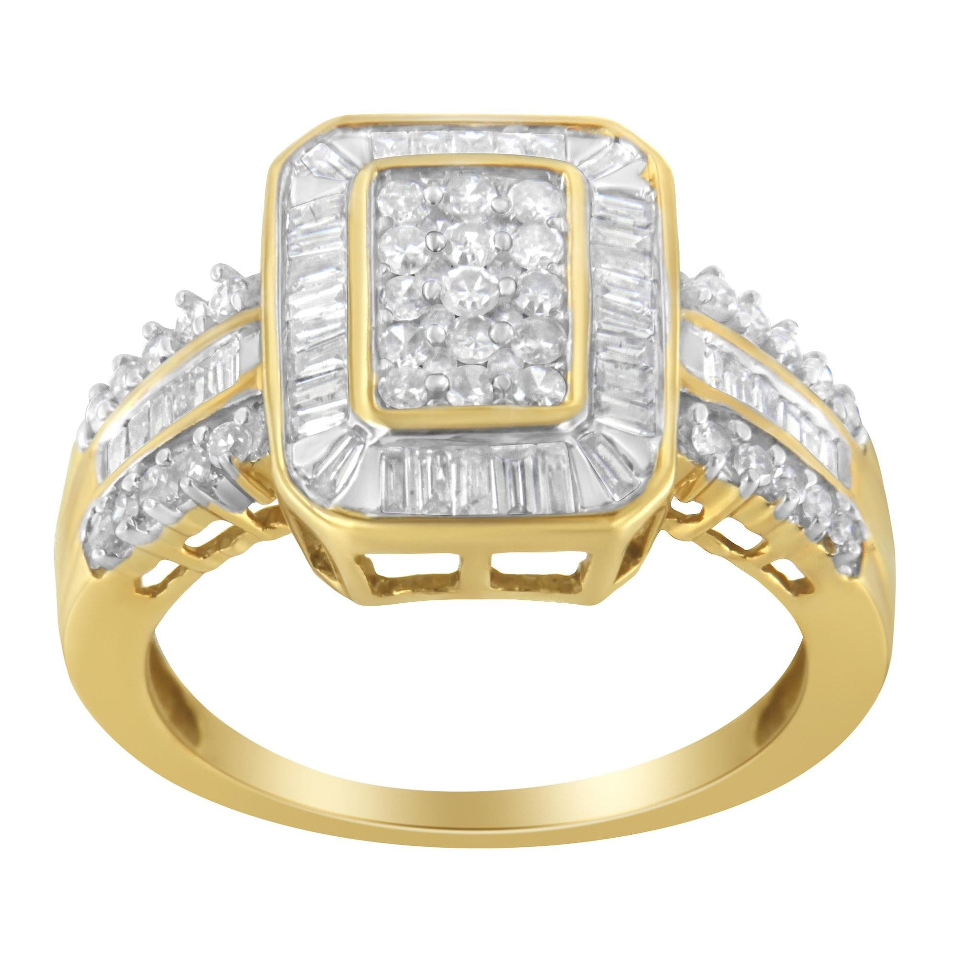 10K Yellow Gold Round and Baguette-Cut Diamond Cluster Ring (1.0 Cttw, I-J Color, SI1-SI2 Clarity)-3