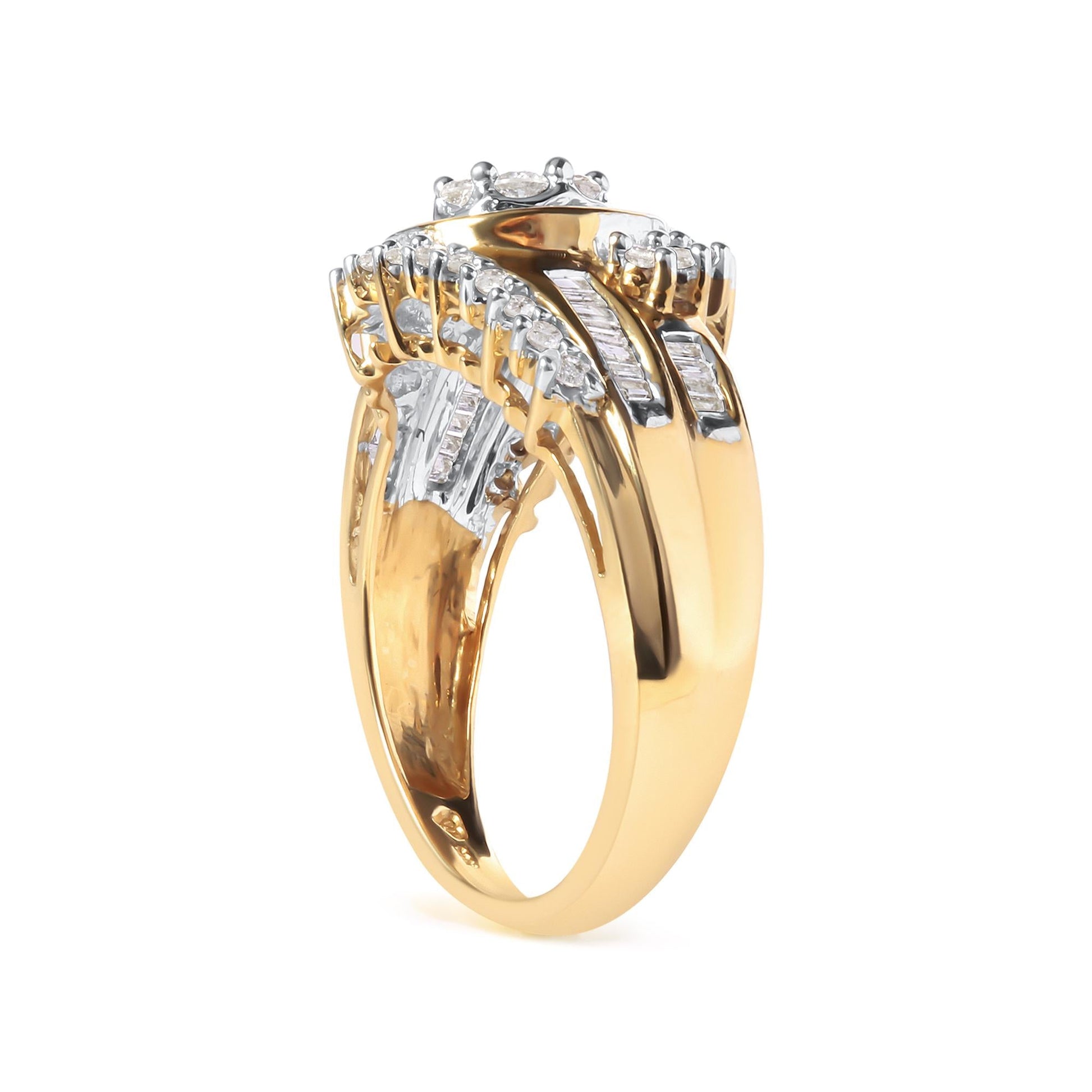 10K Yellow Gold 1 Cttw Round and Baguette cut Diamond Cluster Swirl Band Ring (H-I Color, I1-I2 Clarity)-3