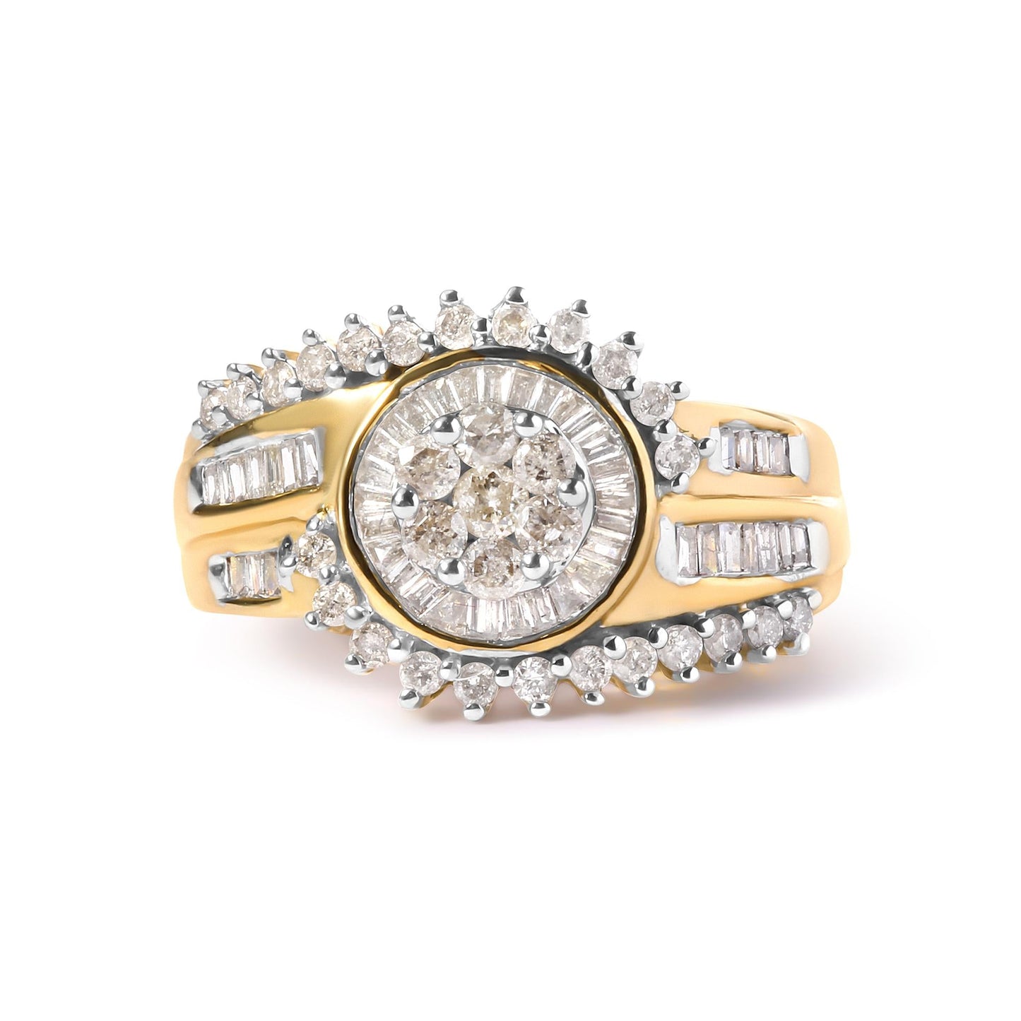 10K Yellow Gold 1 Cttw Round and Baguette cut Diamond Cluster Swirl Band Ring (H-I Color, I1-I2 Clarity)-4