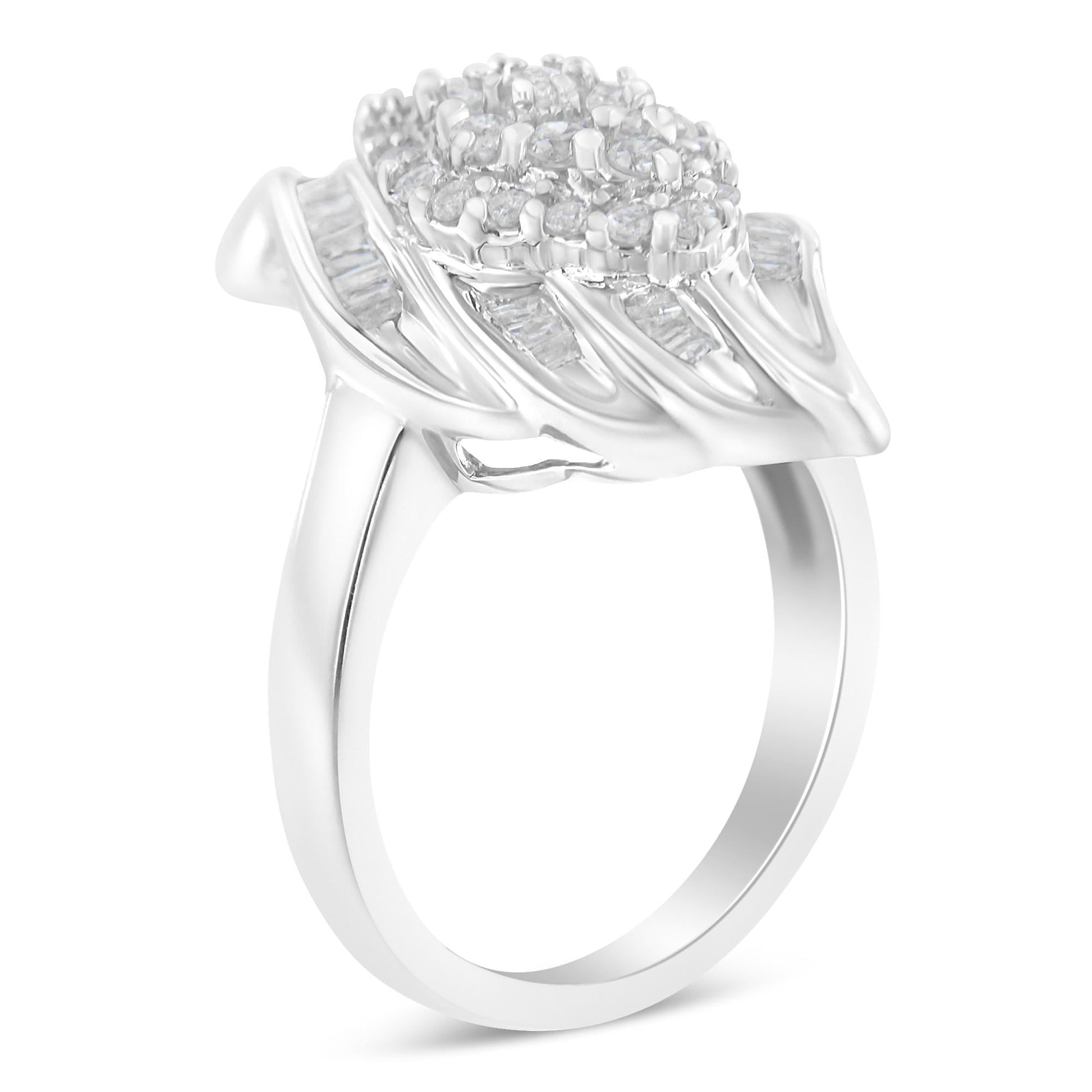 .925 Sterling Silver ¾ Cttw Round and Baguette Cut Diamond Stair-Stepped Cluster Waterfall Cocktail Ring (I-J Color, I2-I3 Clarity)-3