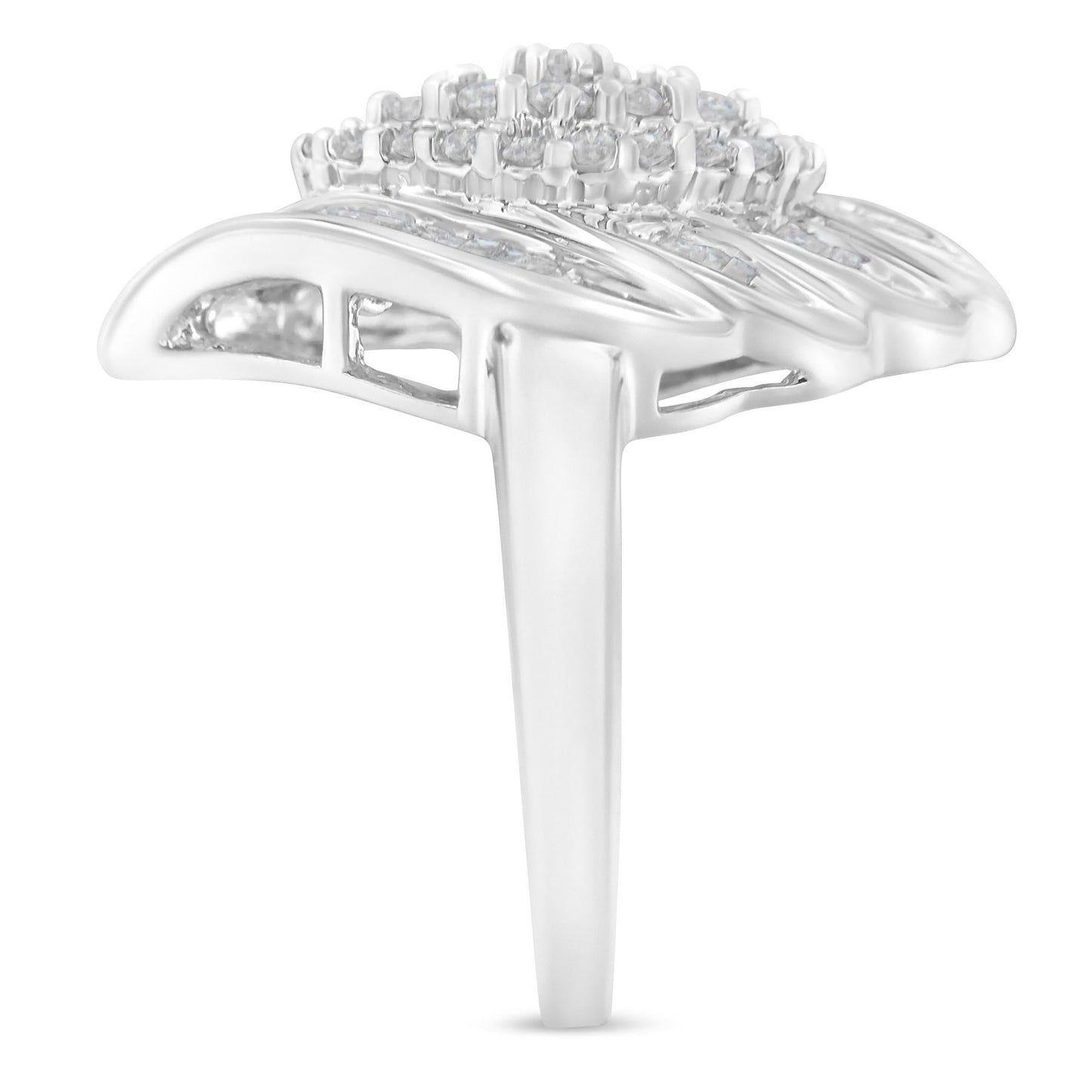 .925 Sterling Silver ¾ Cttw Round and Baguette Cut Diamond Stair-Stepped Cluster Waterfall Cocktail Ring (I-J Color, I2-I3 Clarity)-4