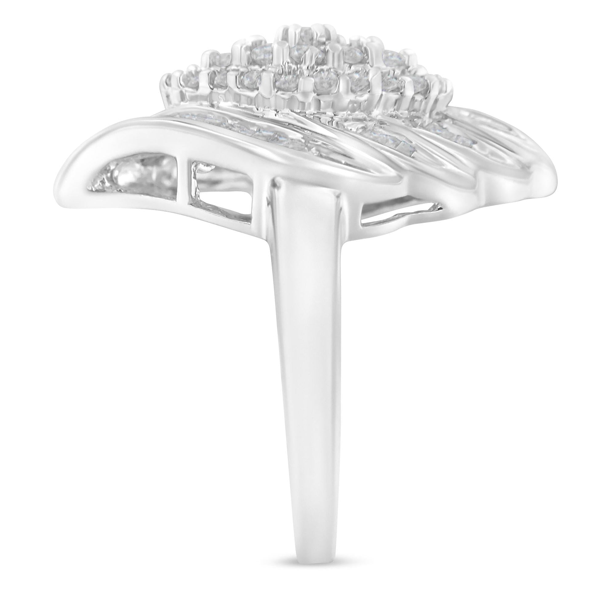 .925 Sterling Silver ¾ Cttw Round and Baguette Cut Diamond Stair-Stepped Cluster Waterfall Cocktail Ring (I-J Color, I2-I3 Clarity)-4