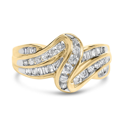 10K Yellow Gold 3/4 Cttw Channel Set Round and Baguette-cut Diamond Double Shank Bypass Ring (J-K Color, I1-I2 Clarity)-0
