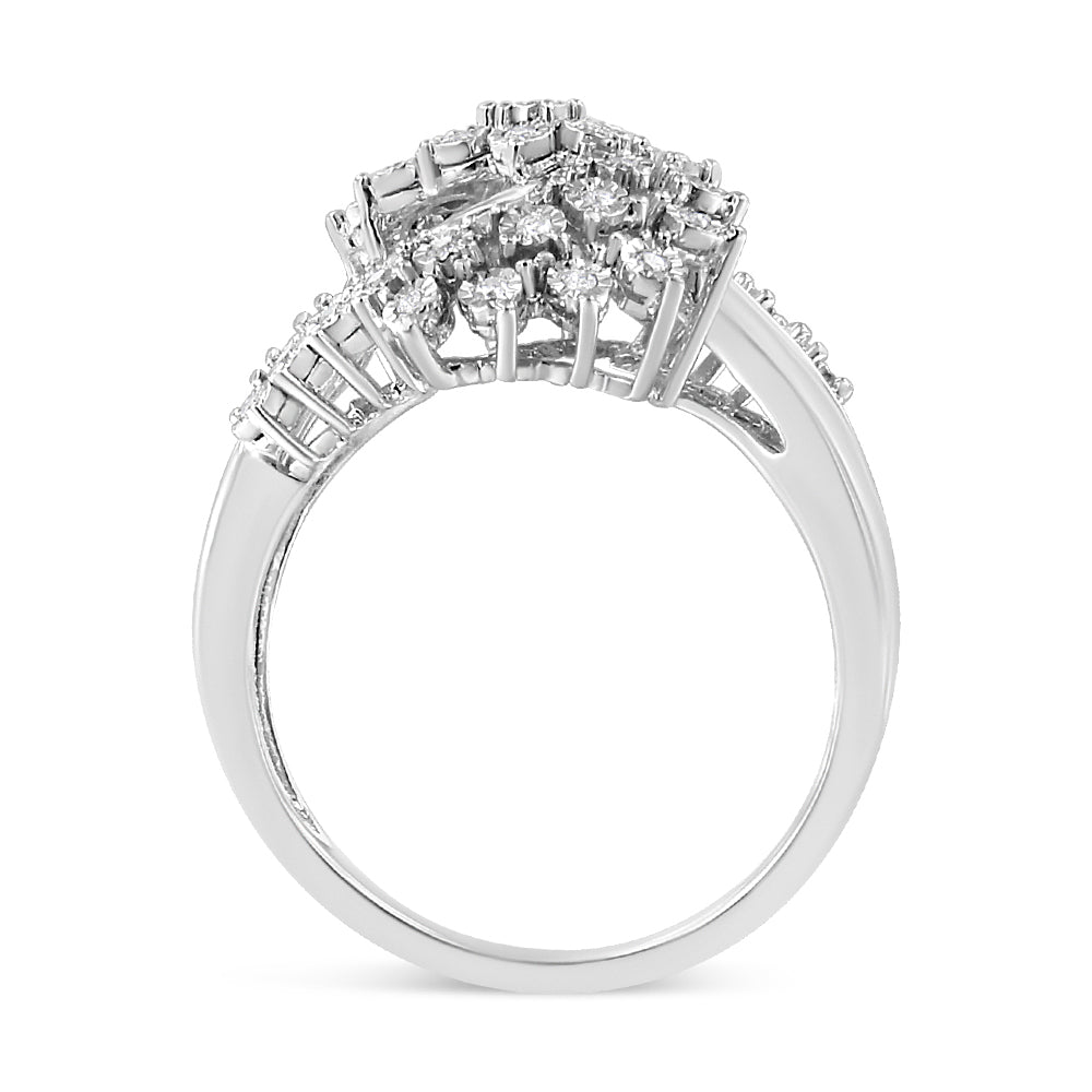 10K White Gold 1/2 Cttw Round and Baguette-Cut "S" Shaped Bypass Cocktail Ring (I-J Color, I1-I2 Clarity)-3