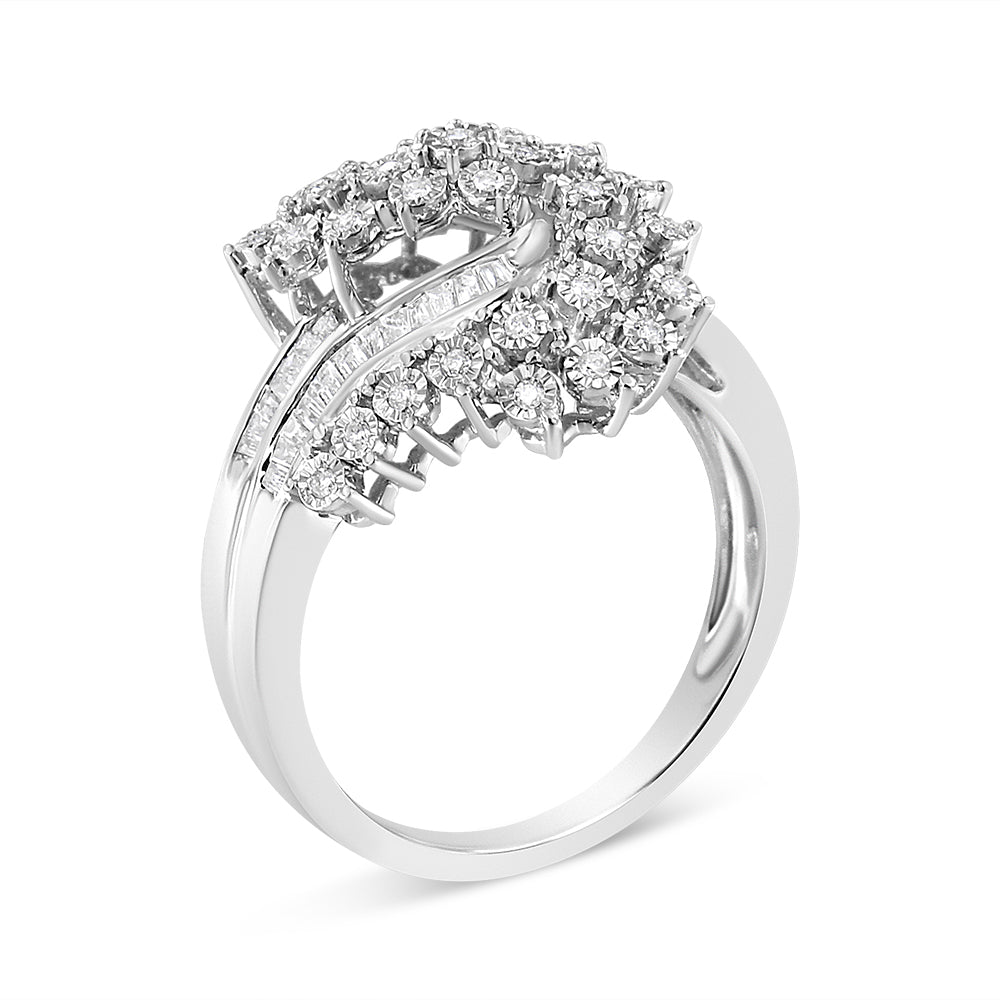 10K White Gold 1/2 Cttw Round and Baguette-Cut "S" Shaped Bypass Cocktail Ring (I-J Color, I1-I2 Clarity)-4