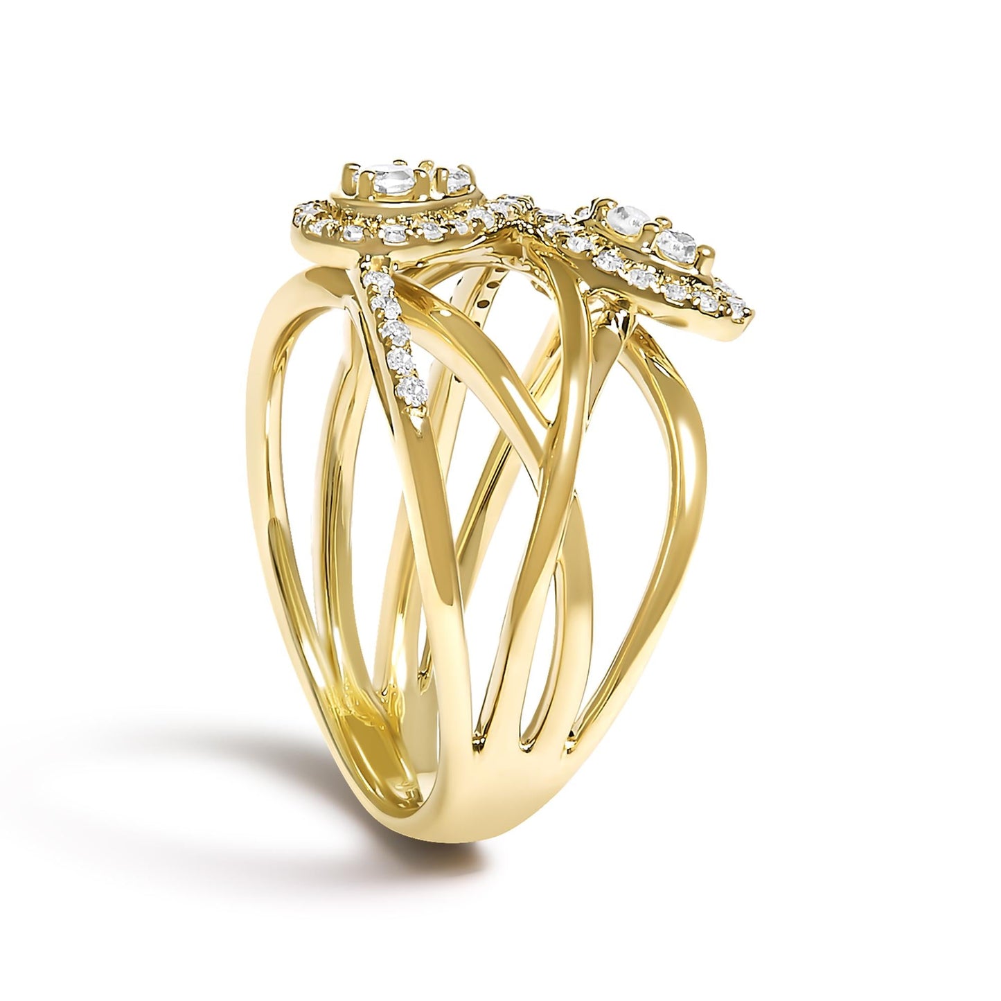10K Yellow Gold 1/2 Cttw Diamond Crossover 3 Leaf Floral Cocktail Ring Band (H-I Color, SI1-SI2 Clarity)-4