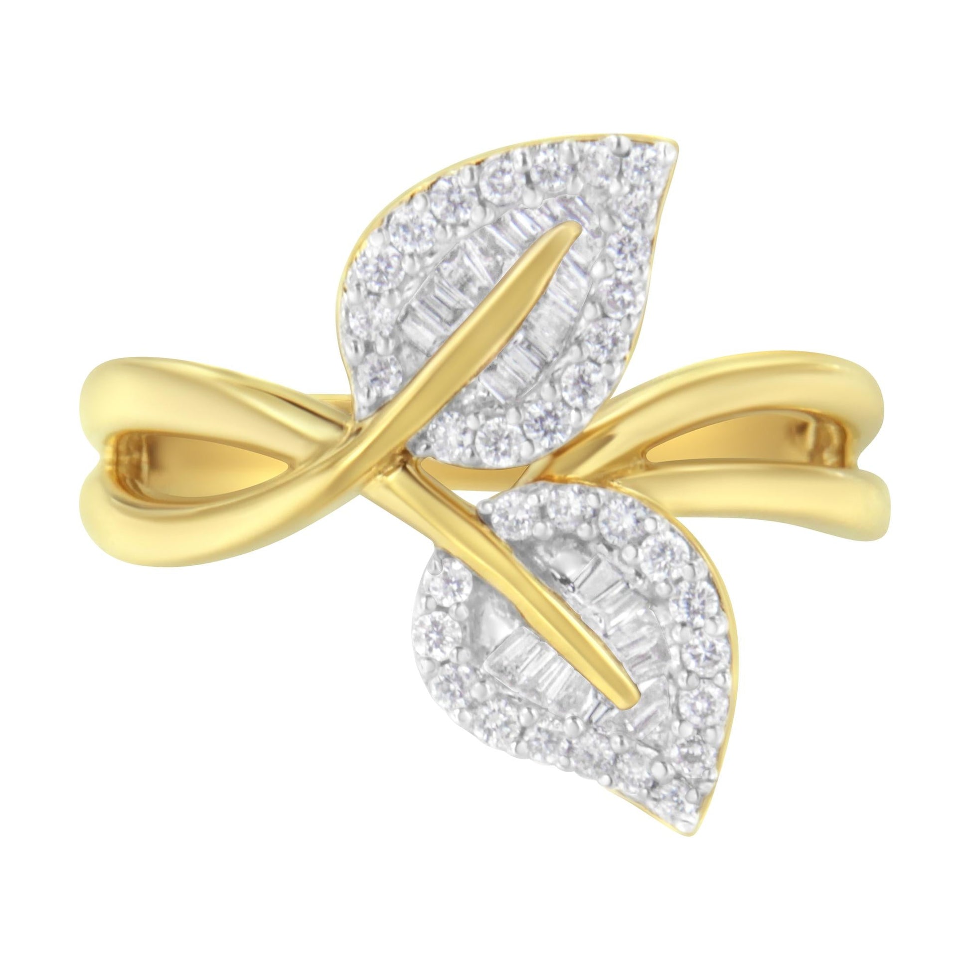 10K Yellow Gold 3/8 Cttw Round and Baguette-Cut Diamond Leaf Cocktail Ring (I-J Color, I1-I2 Clarity)-3