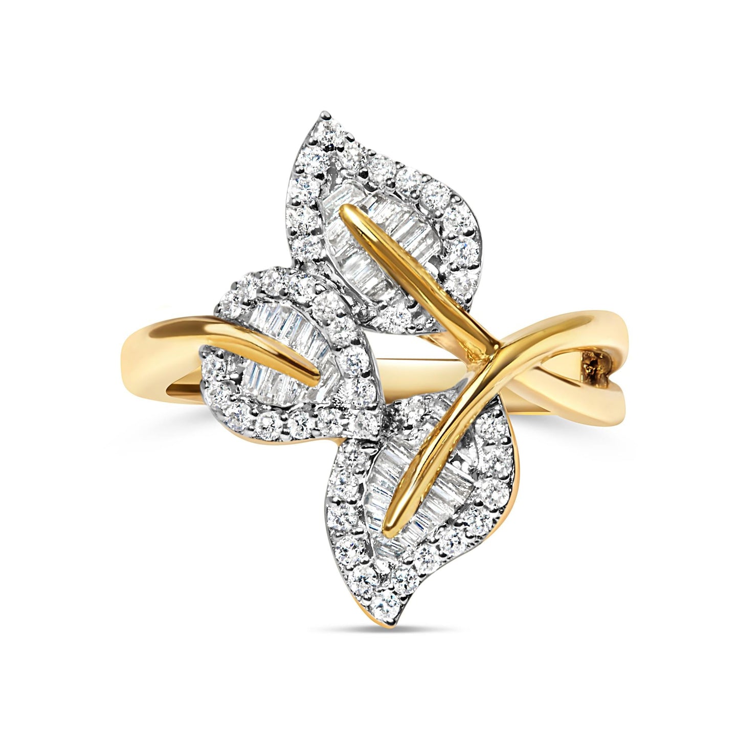 18K Yellow and White Gold Plated .925 Sterling Silver 3/8 Cttw Baguette and Round Diamond Bypass Triple Leaf Ring (I-J Color, I1-I2 Clarity)-3