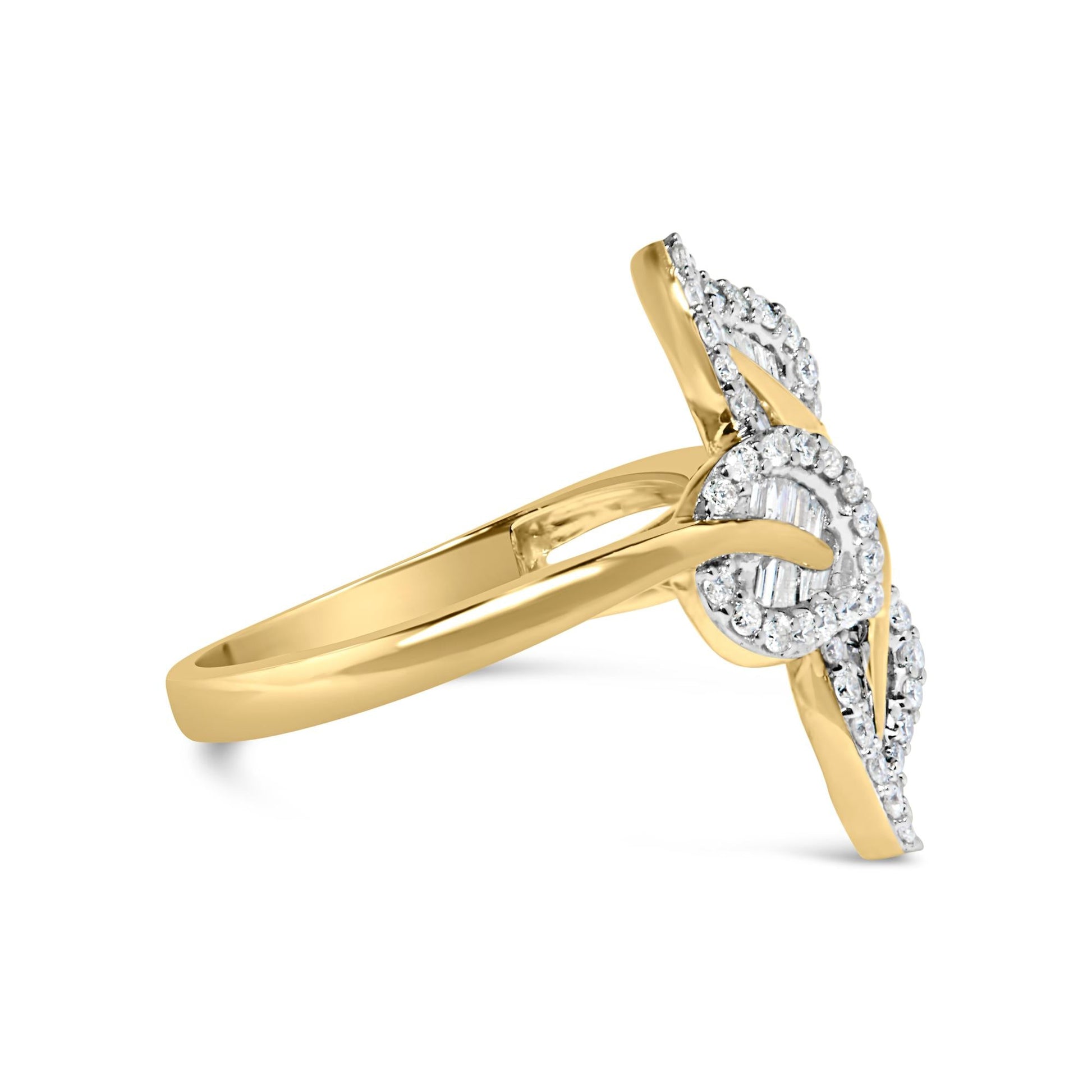 10k Yellow and White Gold 1/2 Cttw Baguette and Round Diamond Bypass Triple Leaf Ring (I-J Color, I1-I2 Clarity)-1