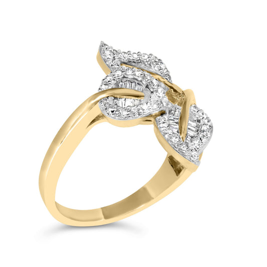 18K Yellow and White Gold Plated .925 Sterling Silver 3/8 Cttw Baguette and Round Diamond Bypass Triple Leaf Ring (I-J Color, I1-I2 Clarity)-0