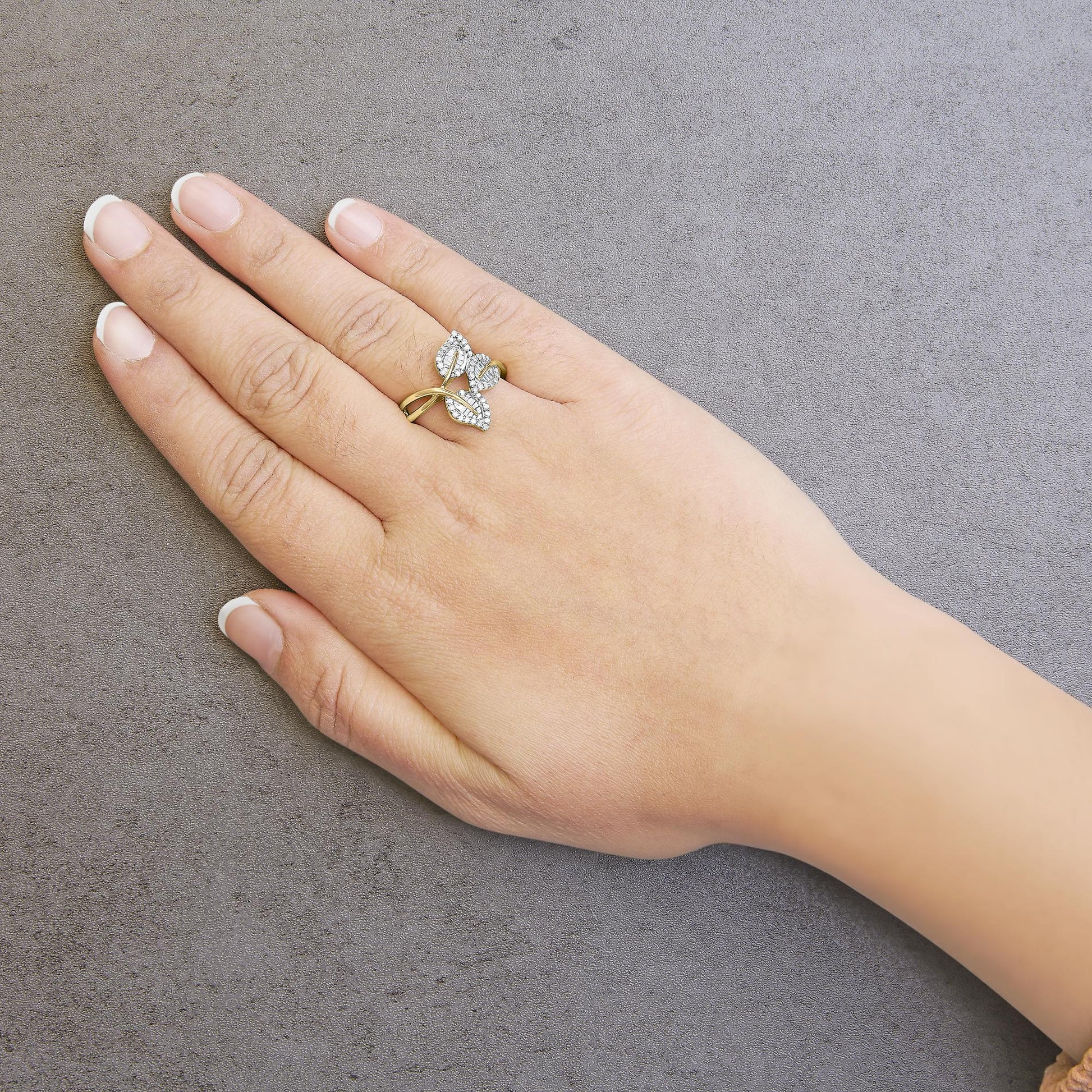 10k Yellow and White Gold 1/2 Cttw Baguette and Round Diamond Bypass Triple Leaf Ring (I-J Color, I1-I2 Clarity)-2