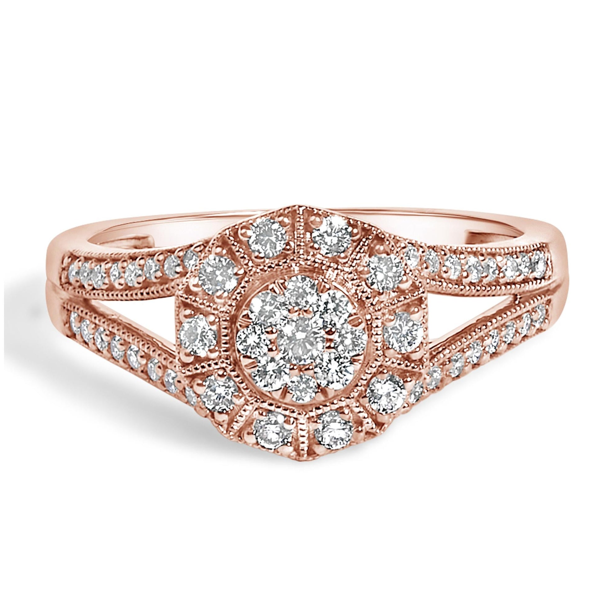 14K Rose Gold Plated .925 Sterling Silver 1/2 Cttw Pave Diamond Halo Cluster Split Shank Cocktail Ring (I-J Color, I1-I2 Clarity)-0